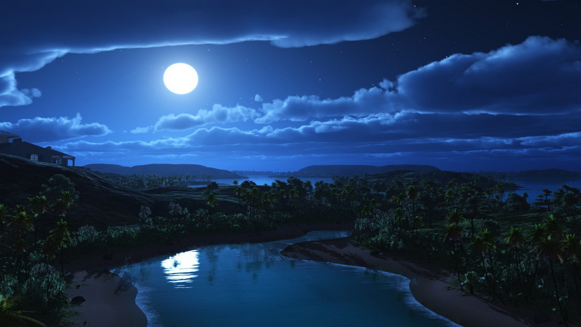 Luna piena, Lago, Nuvole, Notte, Full HD 1080p, sfondo desktop