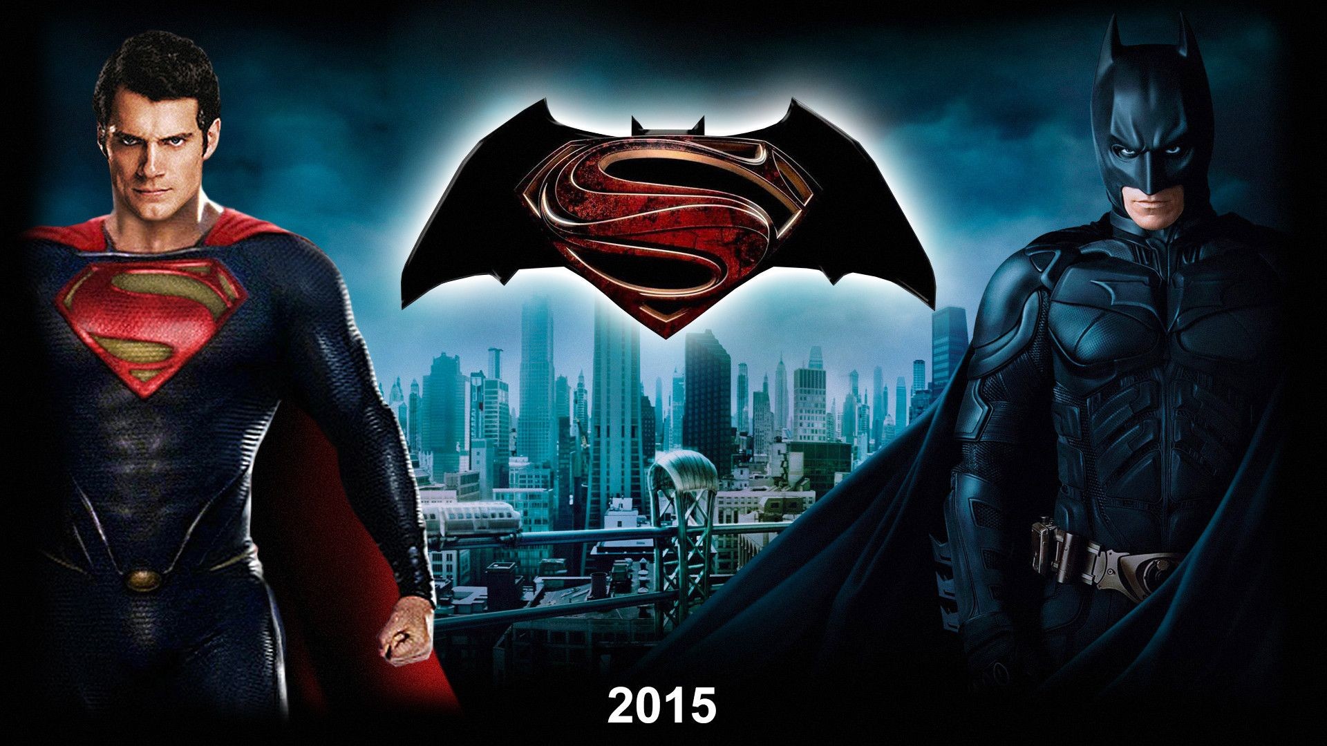 Superman, Batman, Henry Cavill, Logo Batman v Superman, Città, Supereroi, sfondo widescreen Full HD