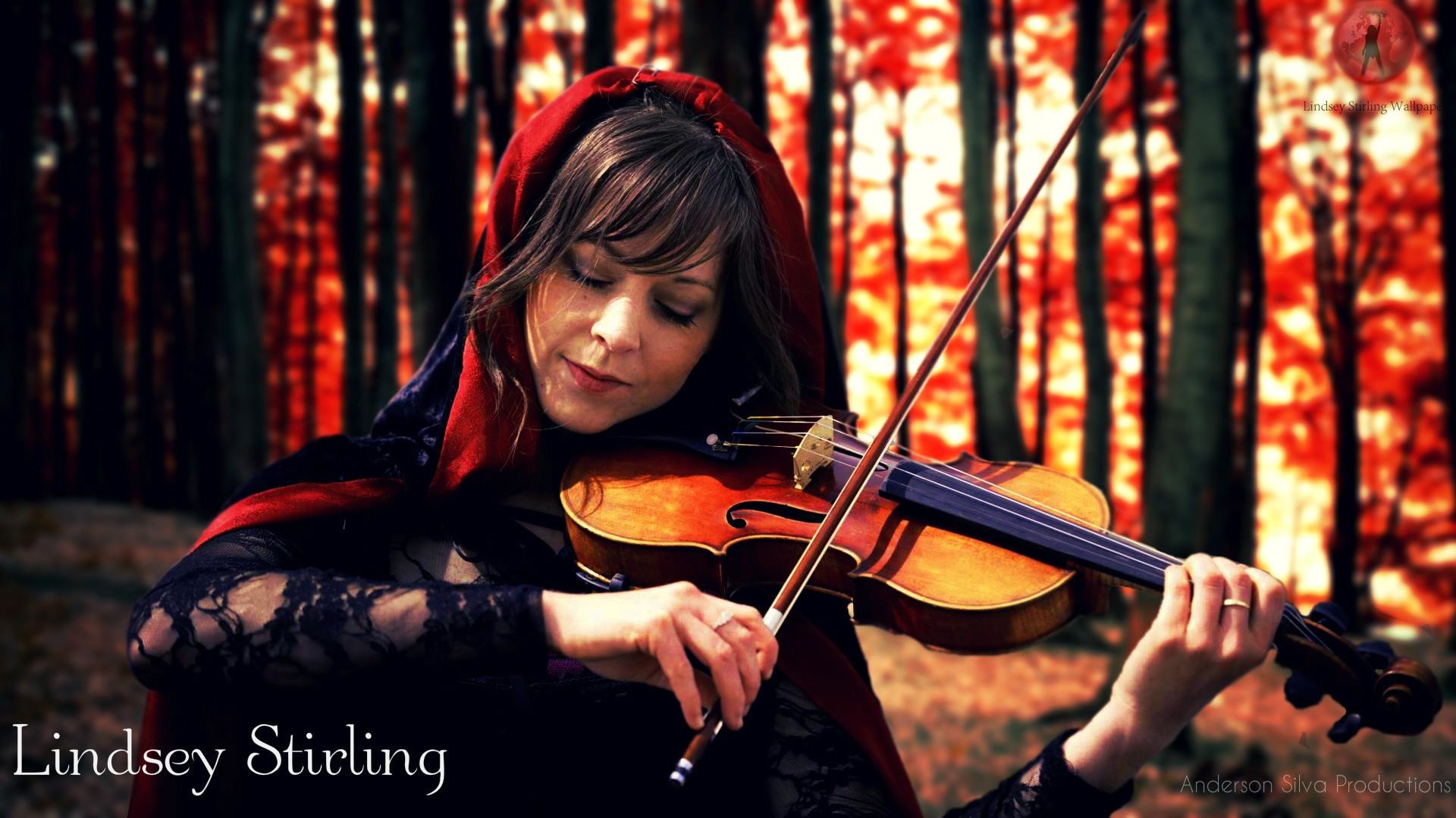 Lindsey Stirling, Violino, Cappuccio rosso, Foresta autunnale, Full HD, sfondo per portatile