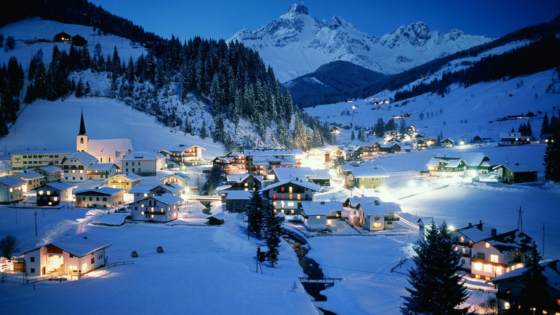 Villaggio alpino, Neve, Inverno, Notte, 1920x1080, sfondo per PC