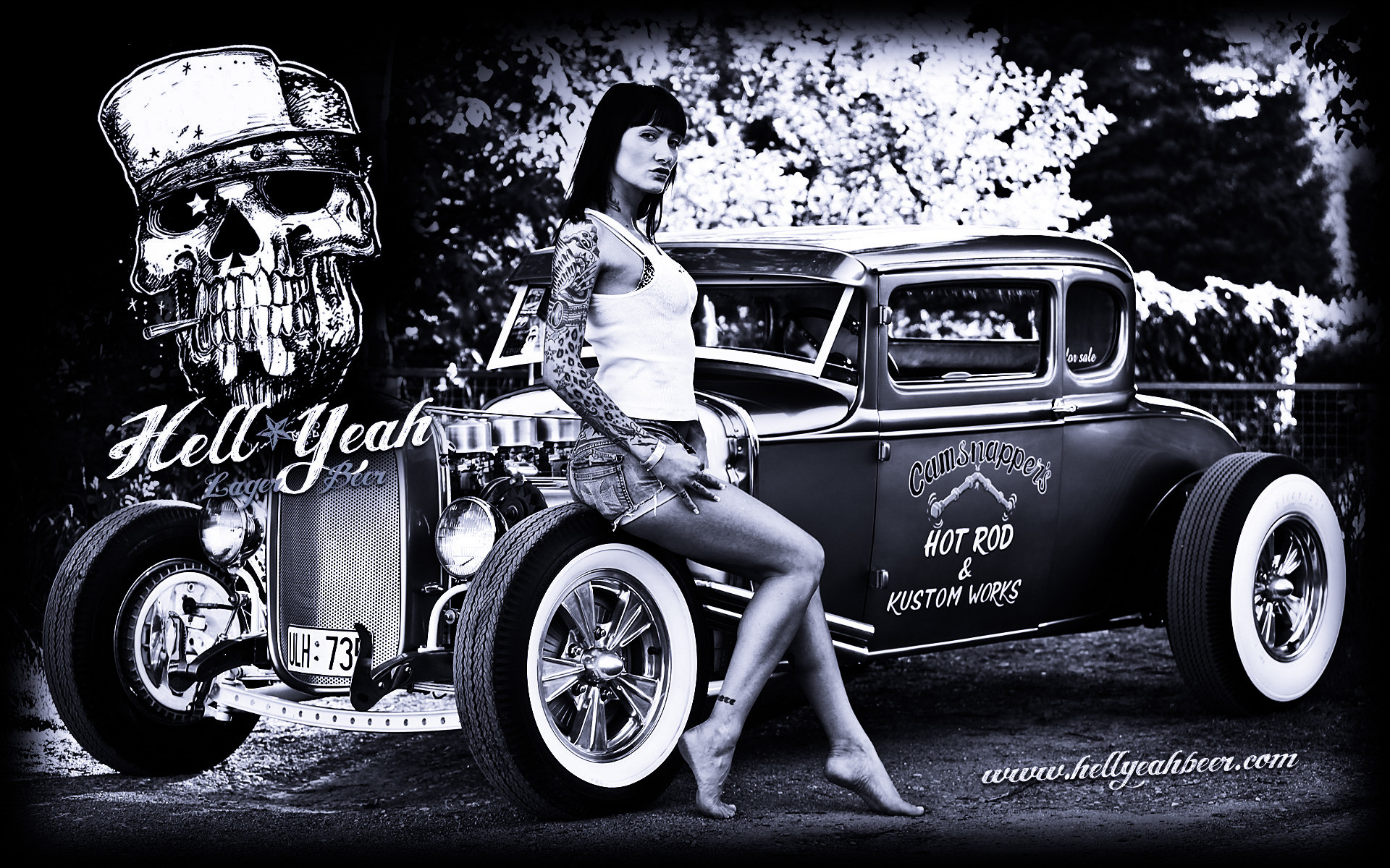 Hot rod, Pin-up, Teschio, Hell Yeah, Bianco e nero, 1920x1200, sfondo MacBook Pro