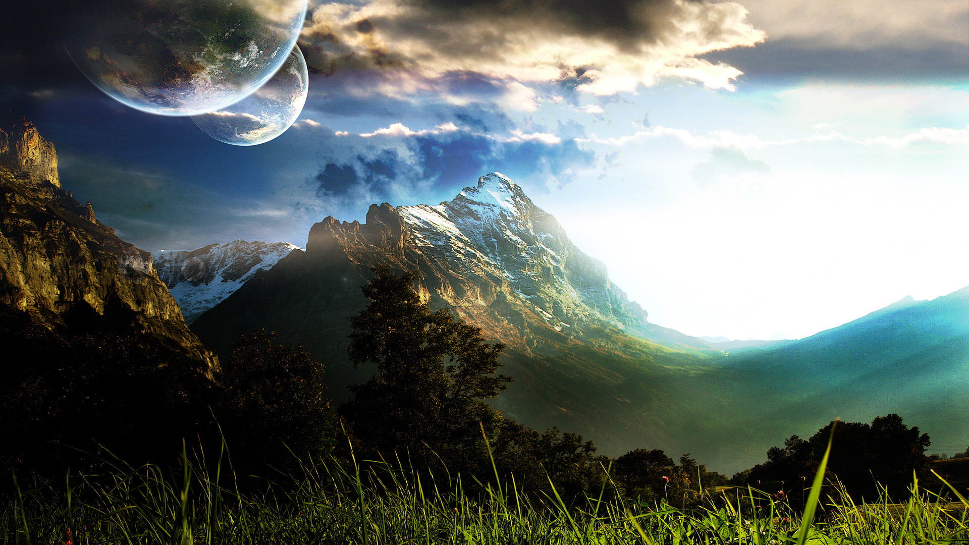 Montagne, Pianeti, Surreale, Paesaggio fantasy, Full HD, sfondo per portatile