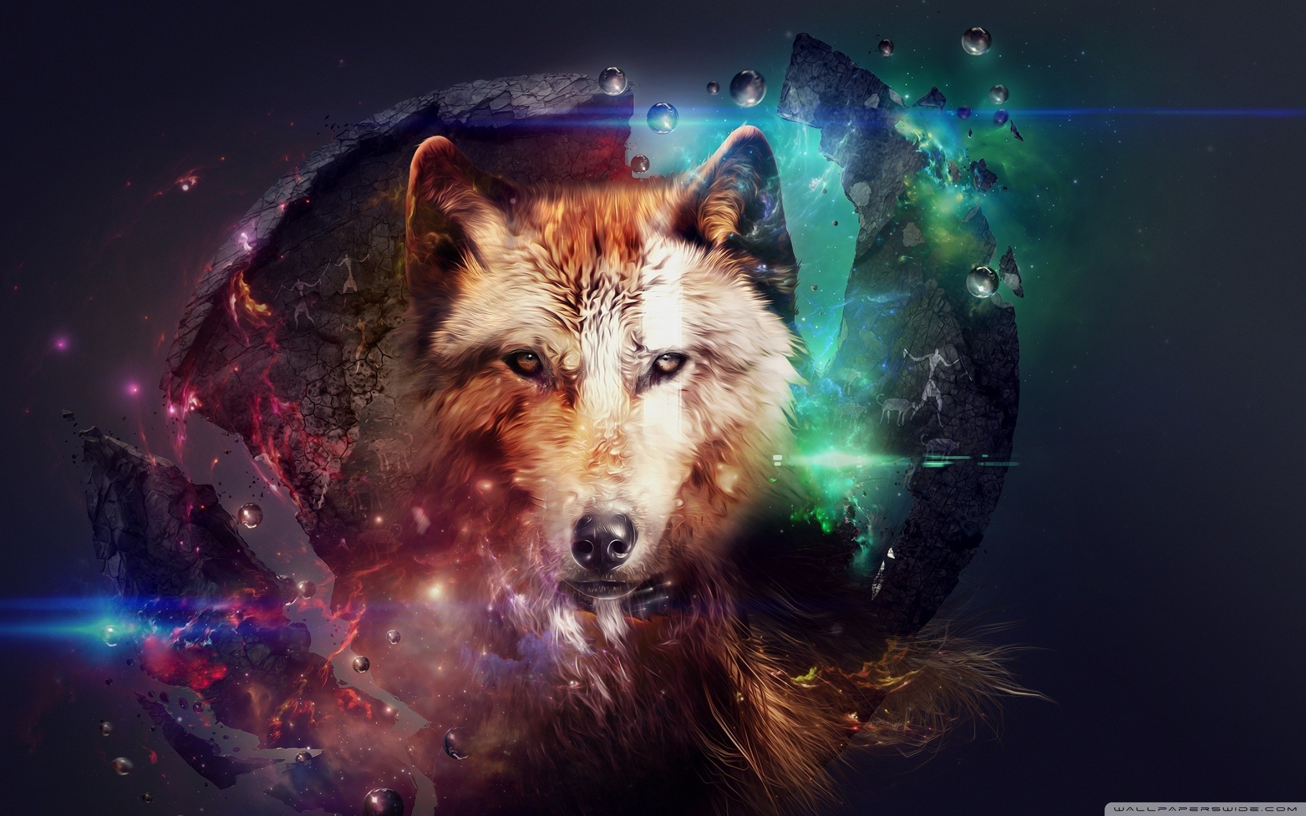 Lupo, Galassia, Arte digitale, Colori vivaci, Surreale, 2K, sfondo per portatile