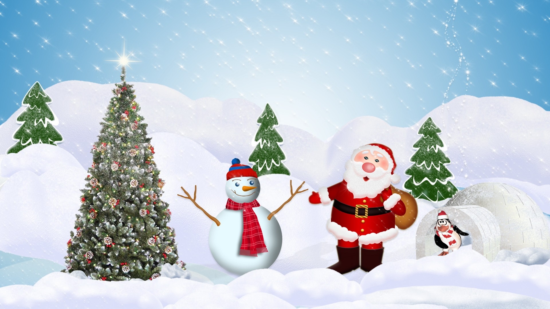 Babbo Natale, Pupazzo di neve, Albero di Natale, Pinguino, Igloo, sfondo desktop 1080p
