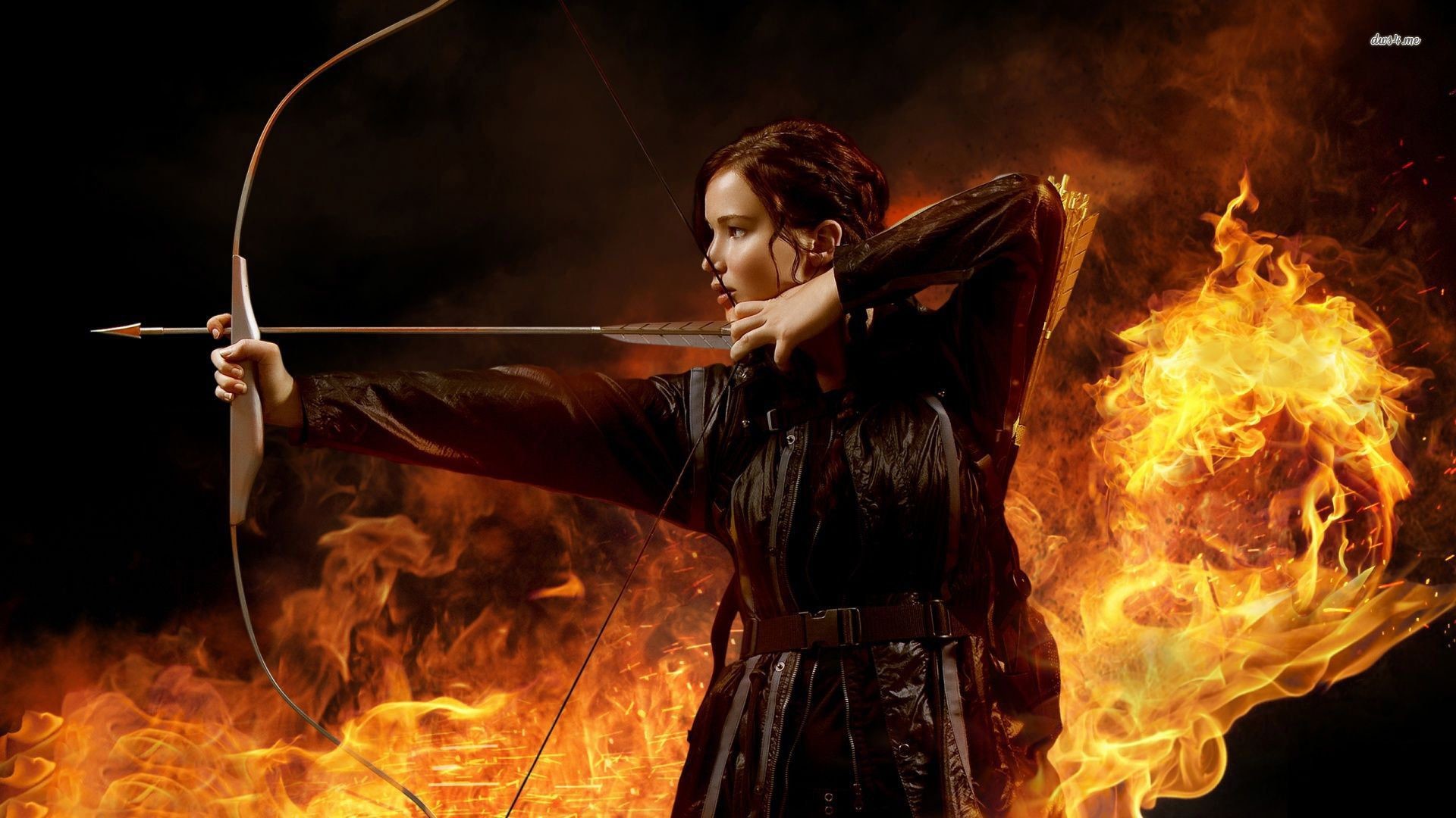 Jennifer Lawrence, Katniss Everdeen, Hunger Games, Arco, Fuoco, Full HD, sfondo Windows 11