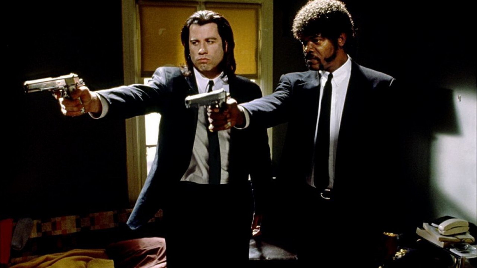 Pulp Fiction, John Travolta, Samuel L. Jackson, Pistole, Scena di film, sfondo desktop 1080p