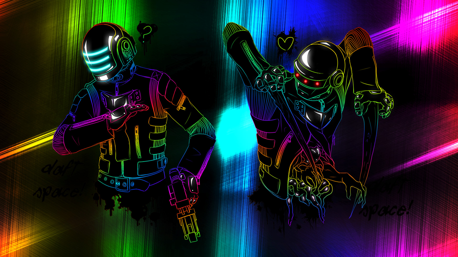 Daft Punk, Neon arcobaleno, Line art, Sfondo nero, 1920x1080, wallpaper desktop