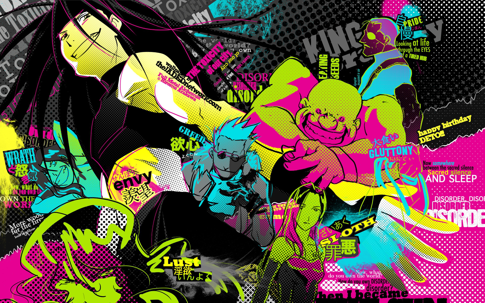 Homunculus, Envy, Lust, Greed, Fullmetal Alchemist, Pop art, Colori neon, sfondo desktop Full HD