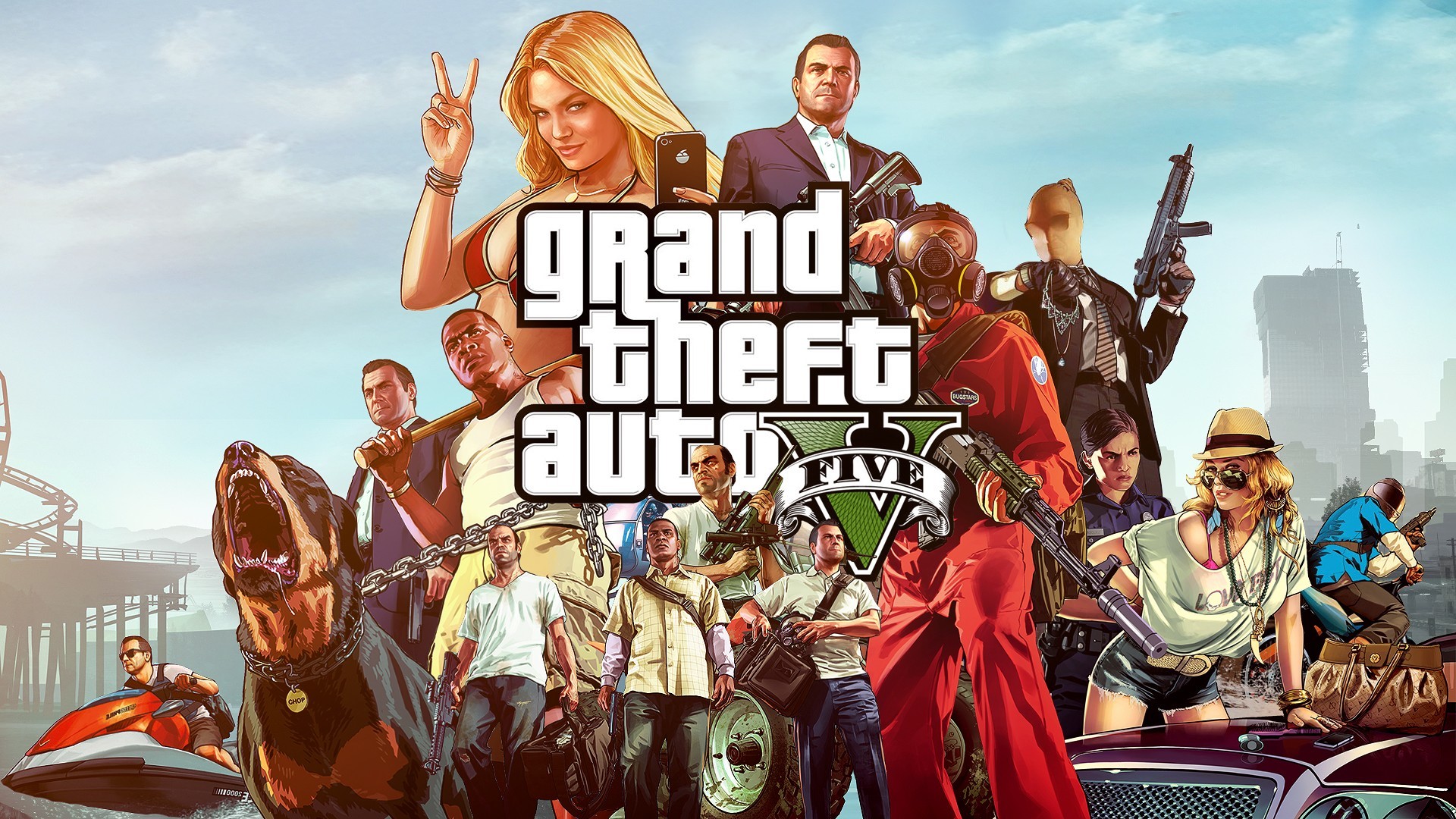 GTA V, Logo, Personaggi, Chop, 1920x1080, sfondo per PC