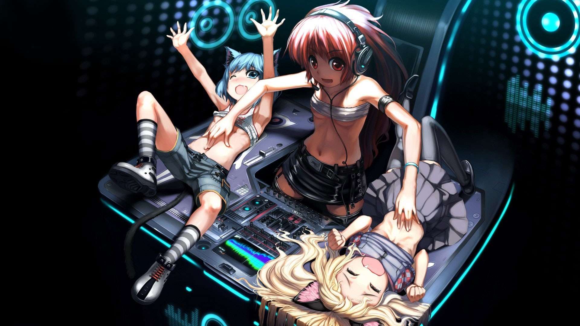 Ragazze anime, DJ, Cuffie, Console, Full HD, sfondo Windows 11
