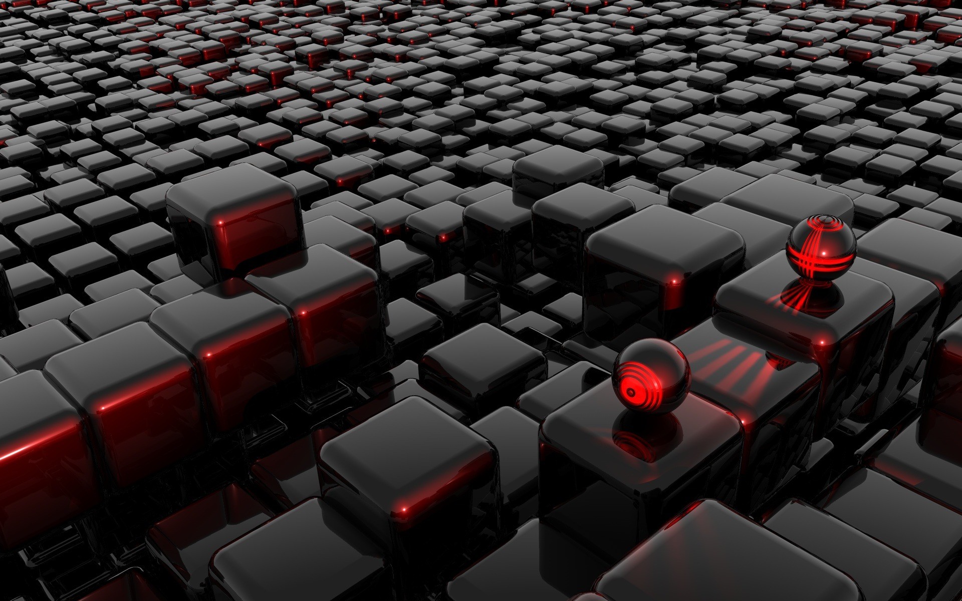 Cubi, Sfere rosse, Rendering 3D, Grigio scuro, Full HD, sfondo per portatile