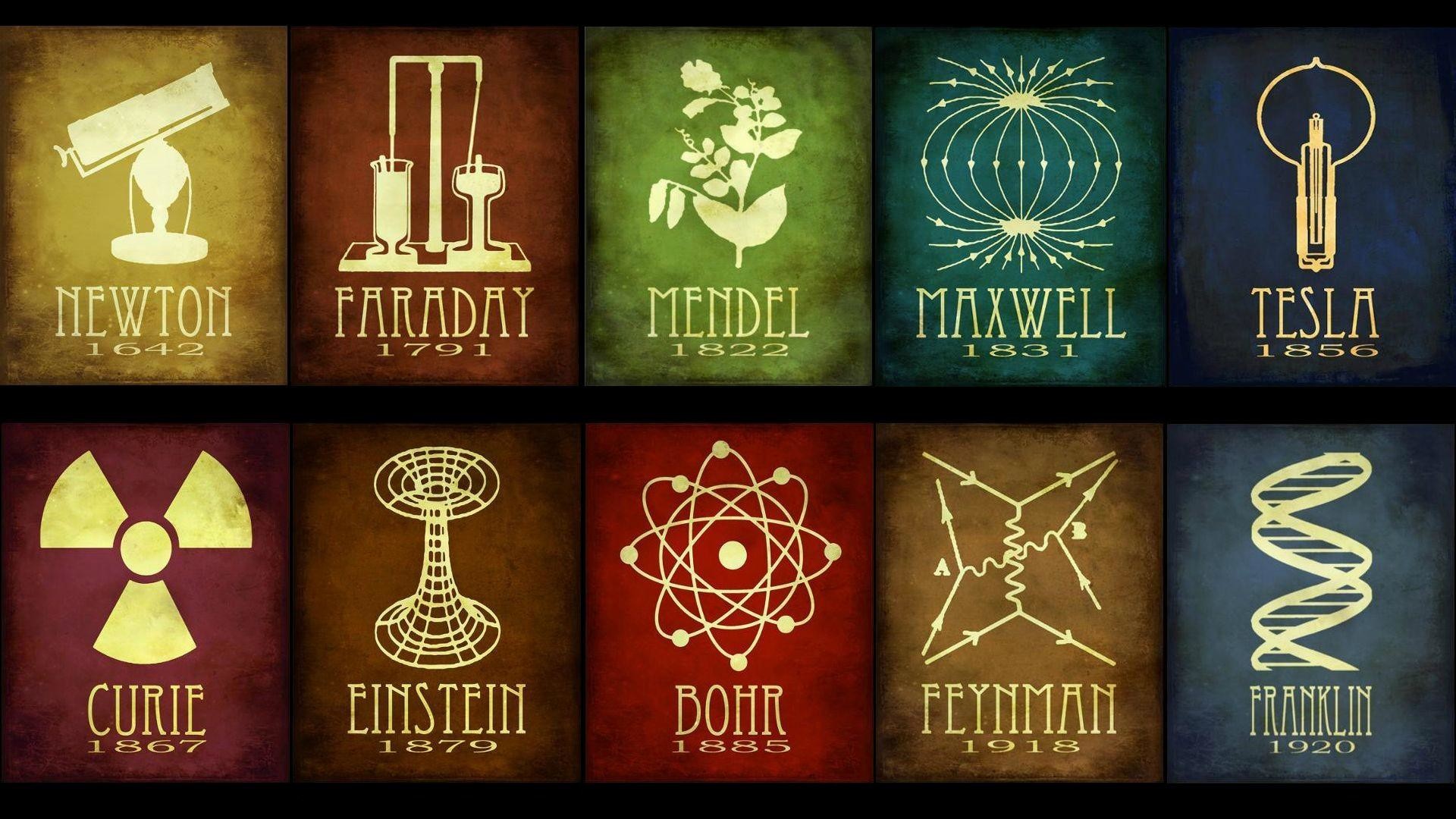 Isaac Newton, Michael Faraday, Gregor Mendel, Marie Curie, Albert Einstein, Niels Bohr, Nikola Tesla, Scienziati, sfondo Full HD