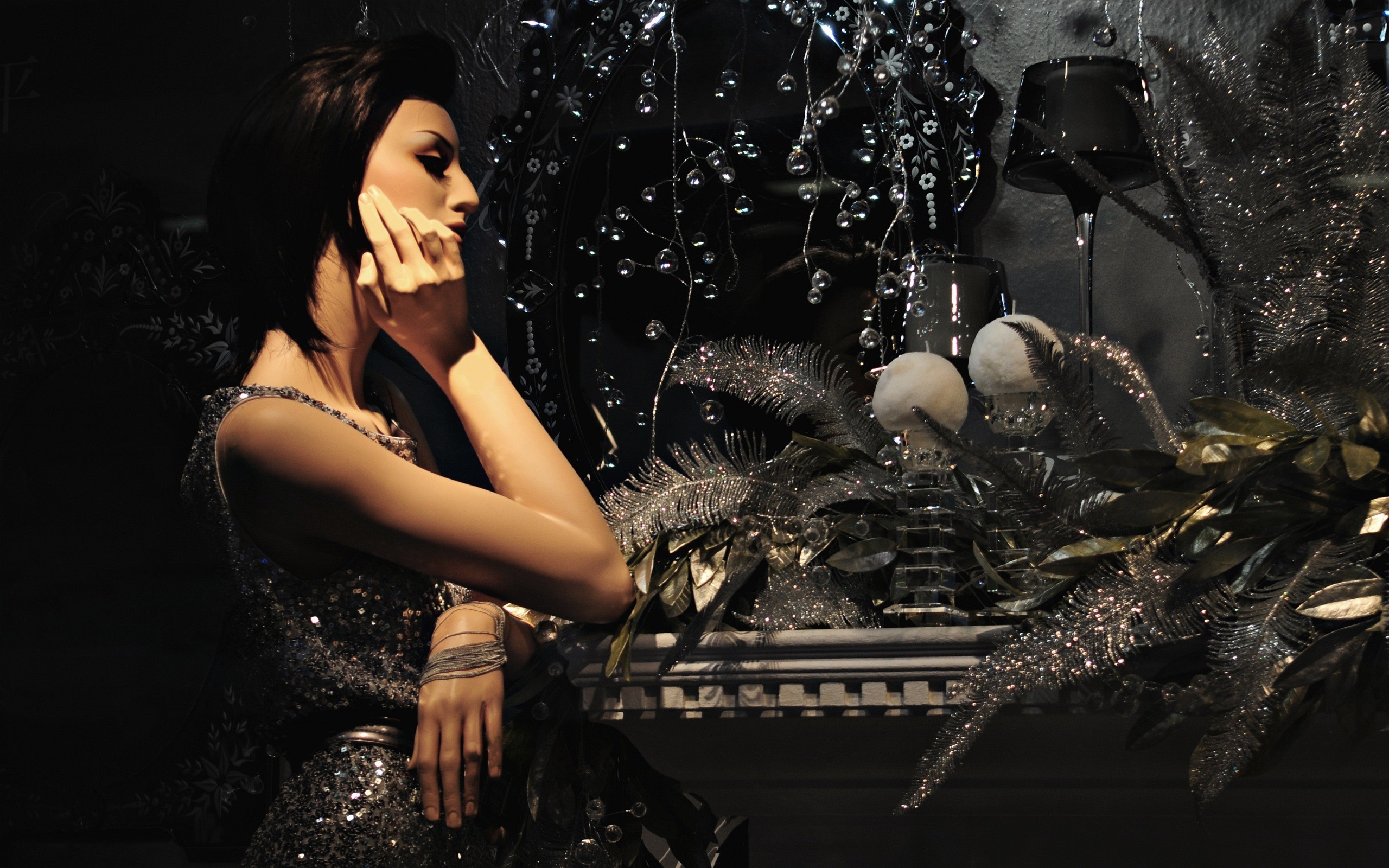 Modella, Abito scintillante, Sfondo scuro, Glamour, 16:10 2K, wallpaper widescreen