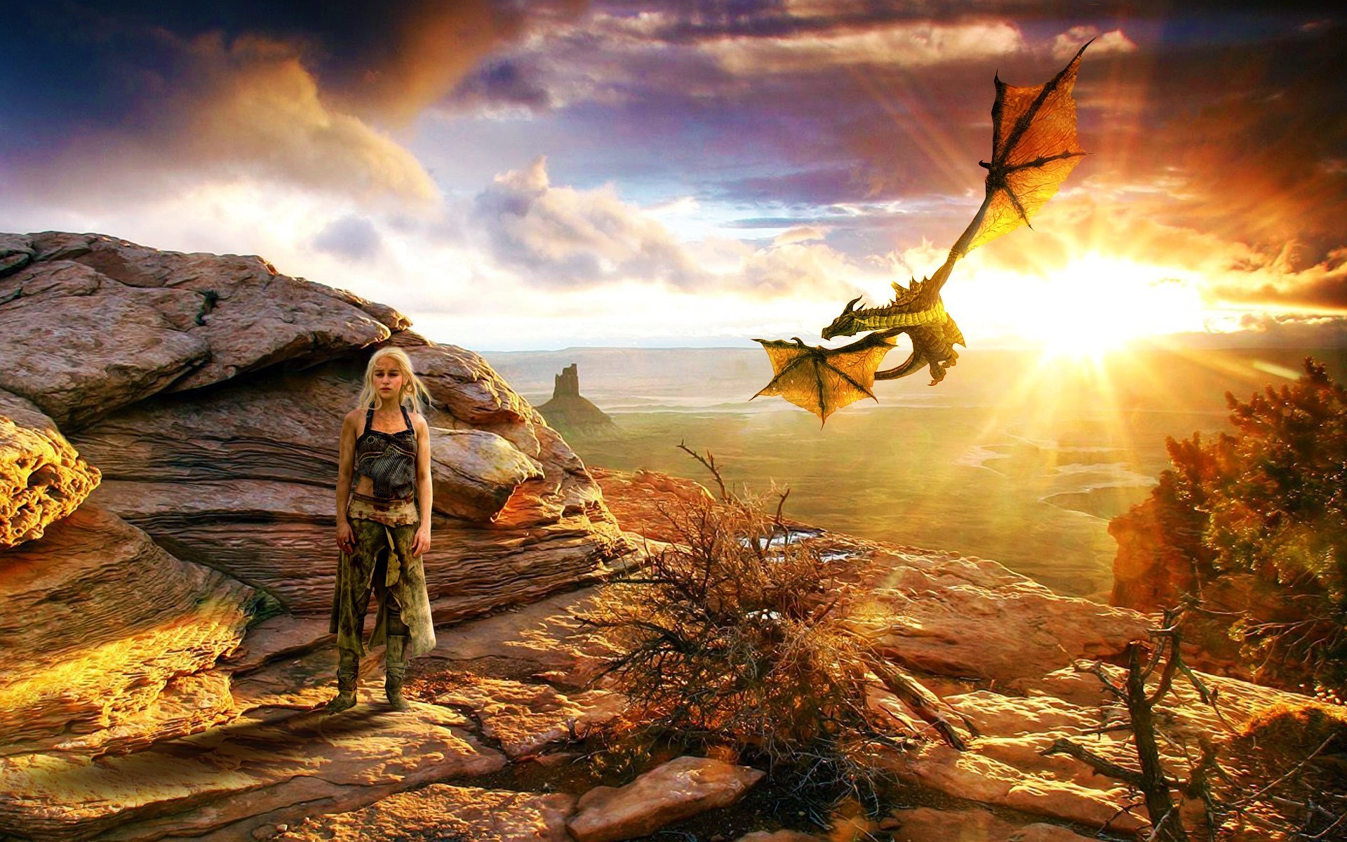 Daenerys Targaryen, Drago, Il Trono di Spade, Tramonto, 1920x1200, immagine di sfondo