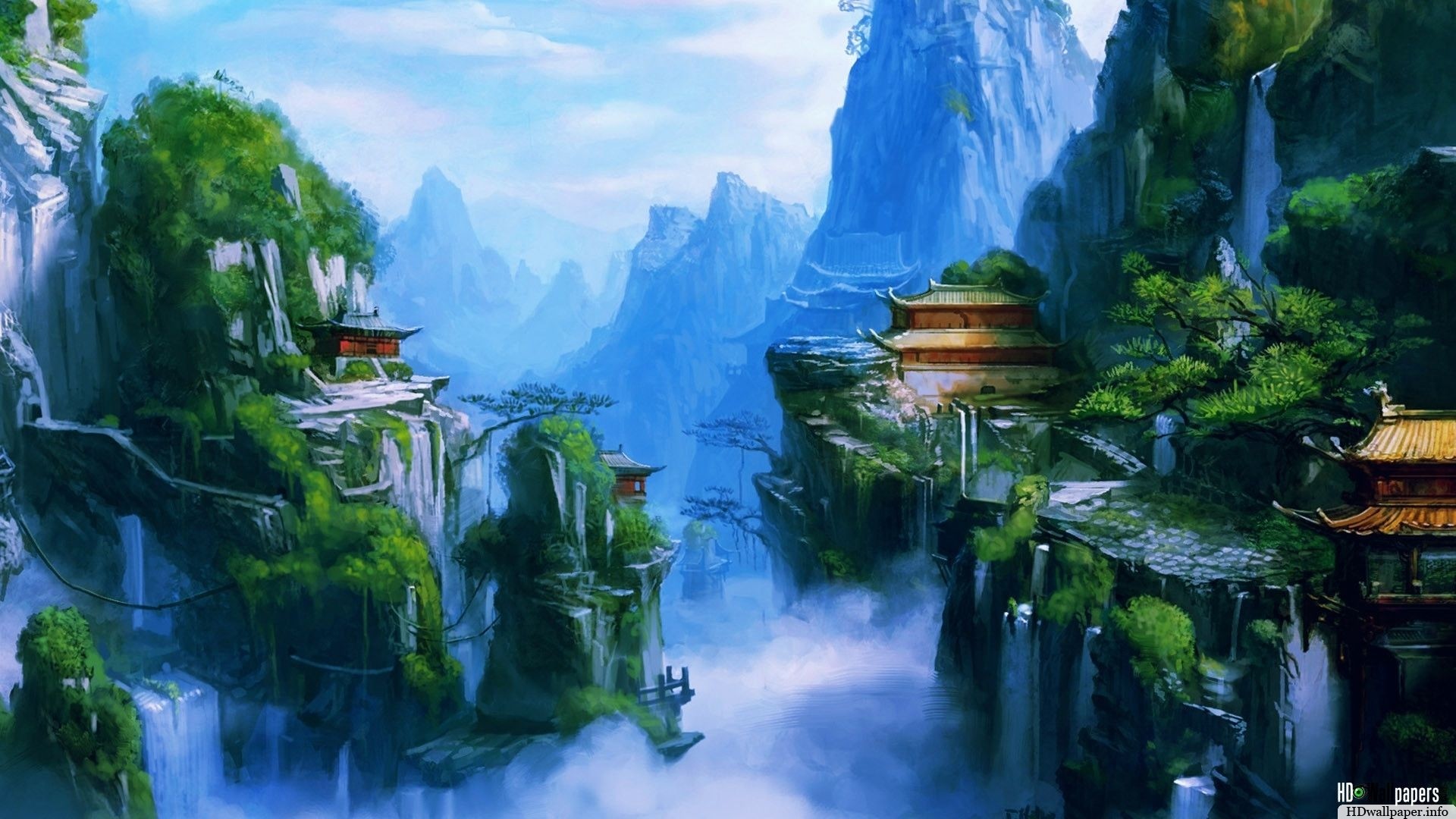 Paesaggio fantasy, Templi cinesi, Montagne, Cascate, Full HD, wallpaper per desktop