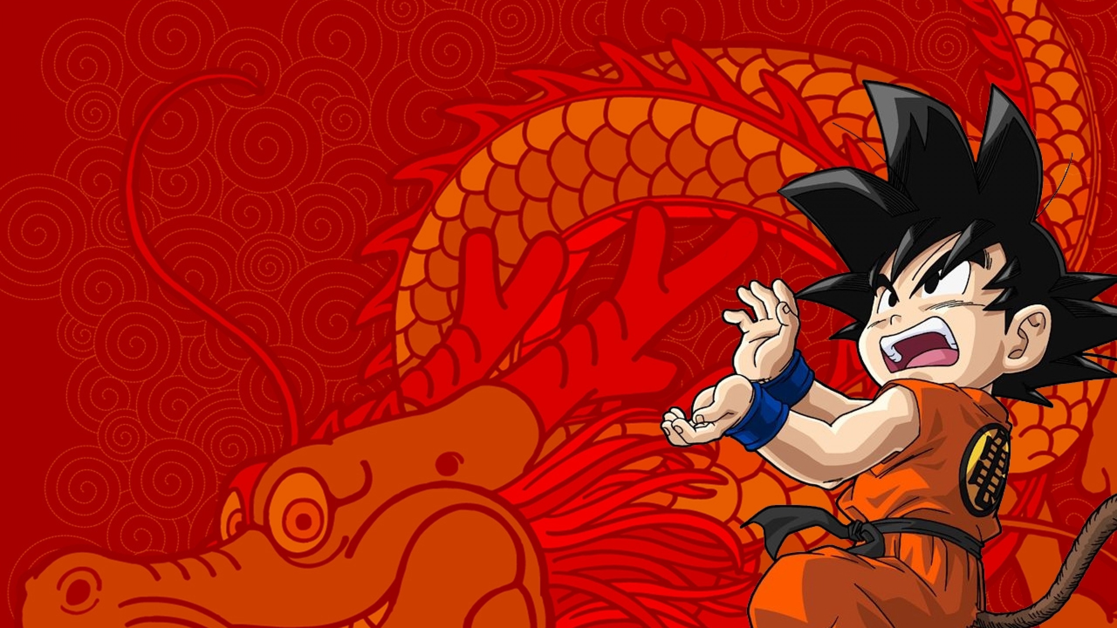 Son Goku, Shenron, Dragon Ball, Bambino, Sfondo rosso, 3840x2160, wallpaper desktop