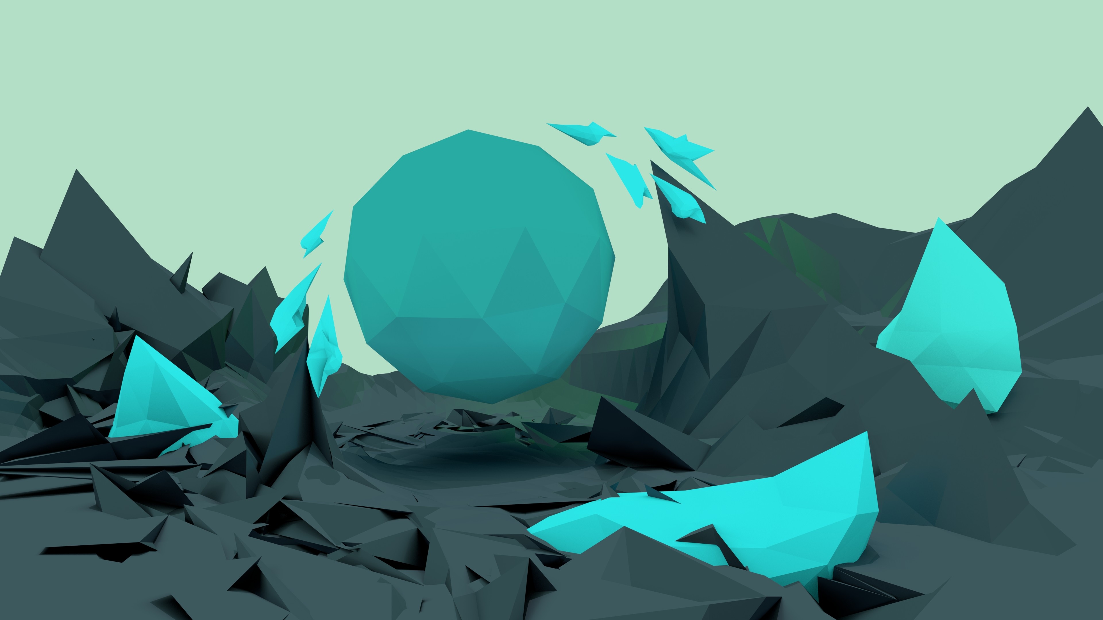 Low poly, Sfera, Cristalli, Turchese, 4K, sfondo per PC e portatile