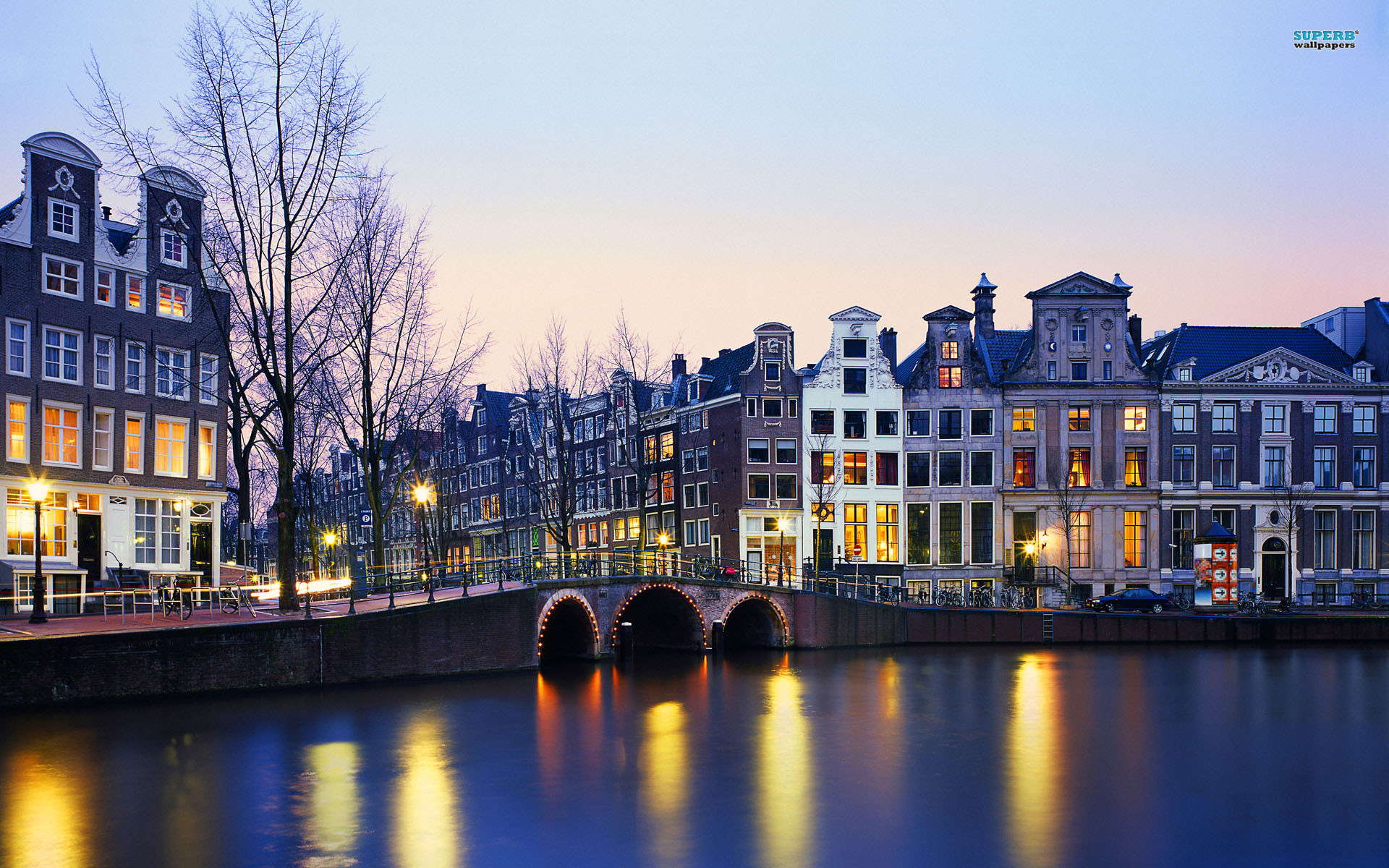 Amsterdam, Ponte, Case a timpano, Canale, Crepuscolo, 16:10 Full HD, sfondo widescreen