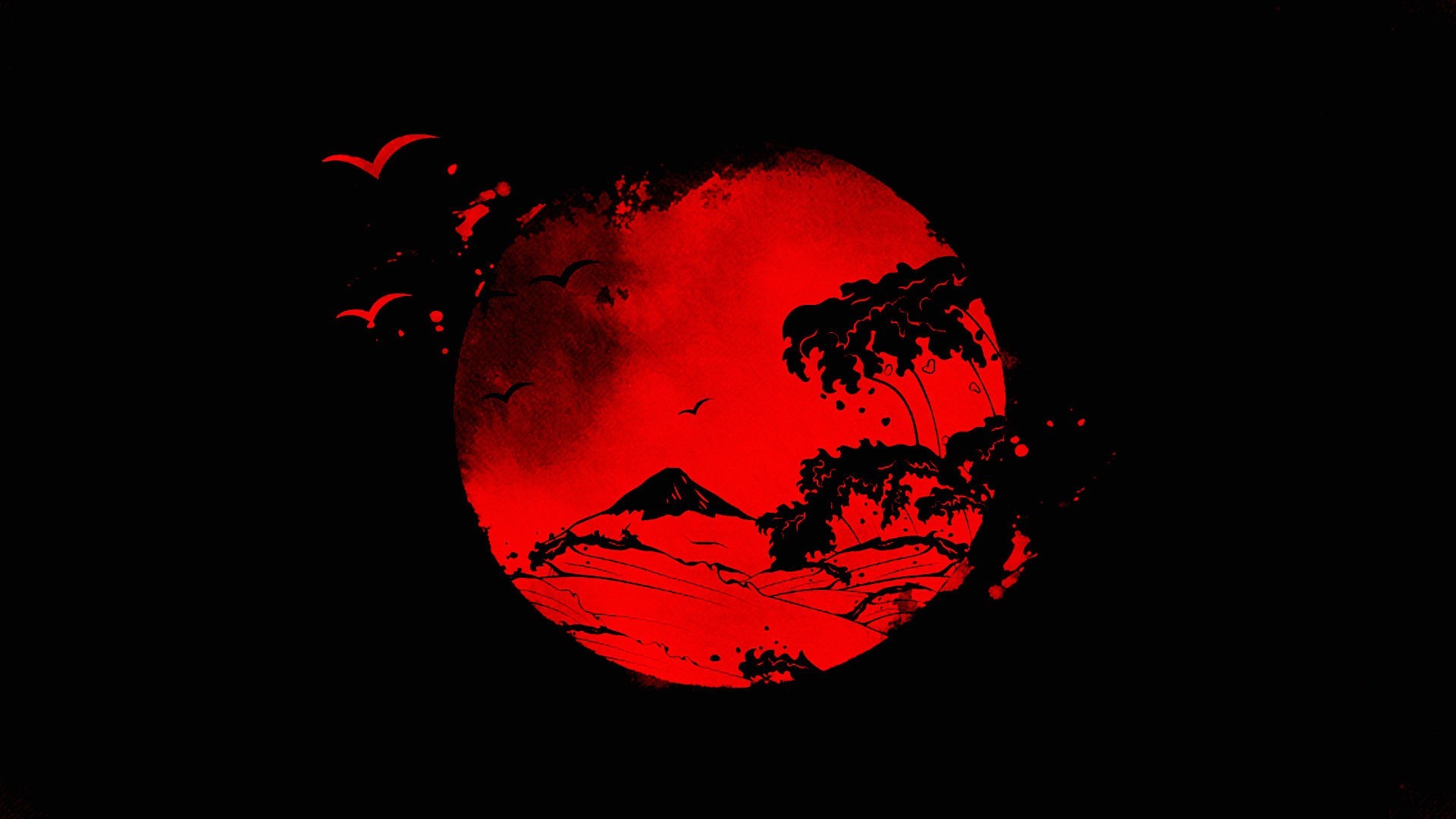 Sole rosso, Monte Fuji, Silhouette, Sfondo nero, 16:9 Full HD, wallpaper widescreen