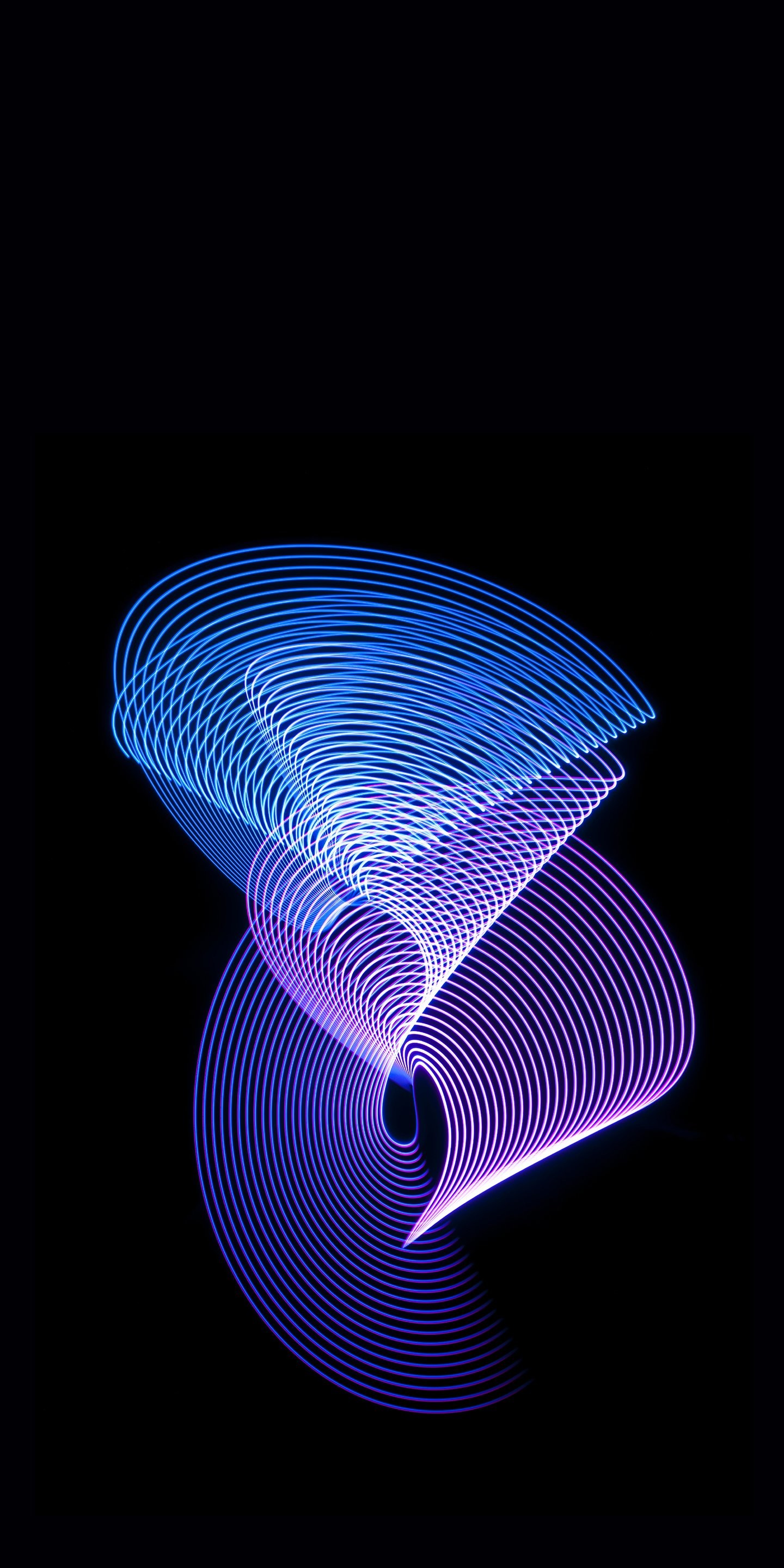 Linee luminose, Spirale, Viola, Sfondo nero, QHD+, schermata di blocco del cellulare