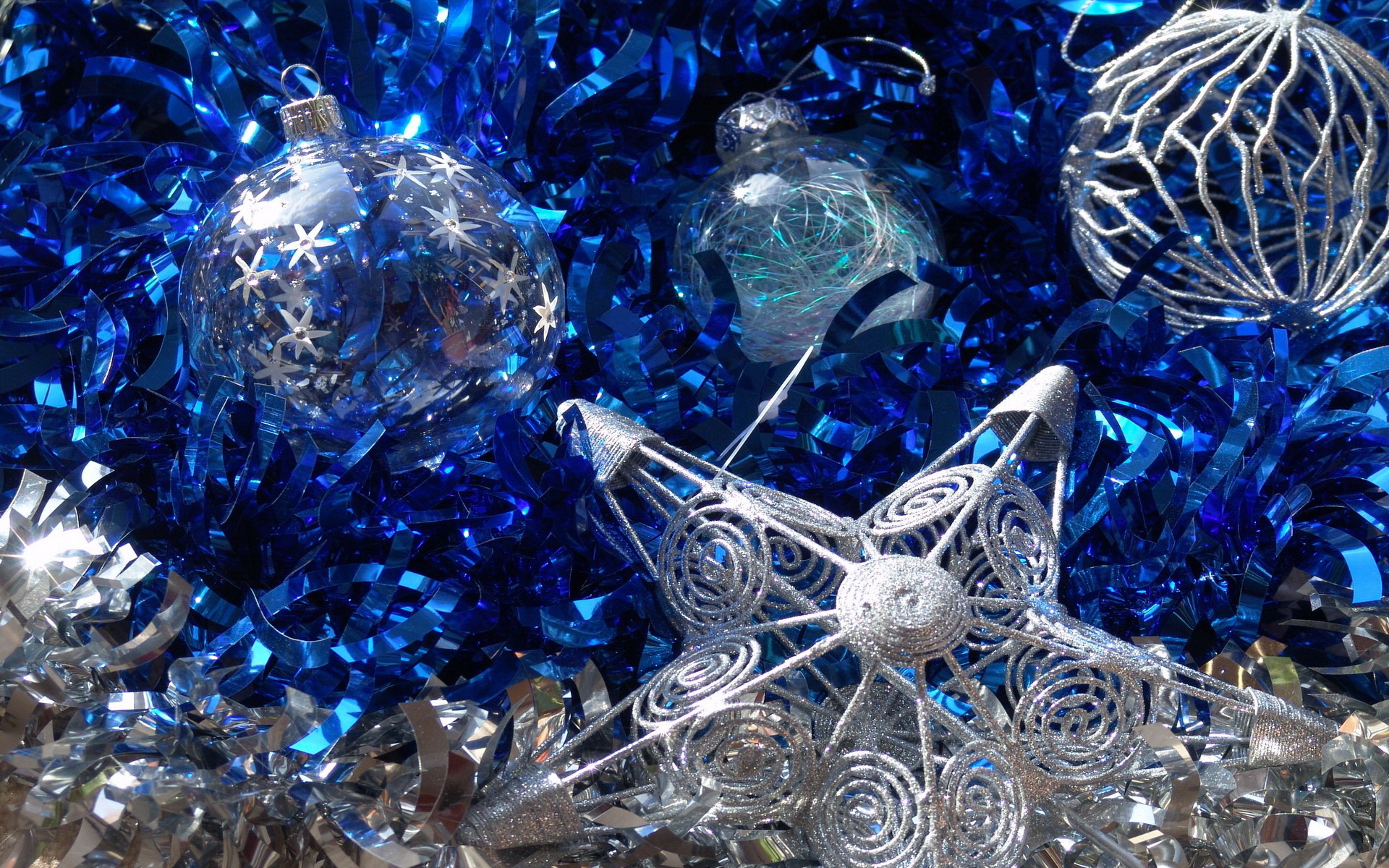 Palline argento, Stella, Festoni blu, Decorazioni, 1920x1200, sfondo per PC