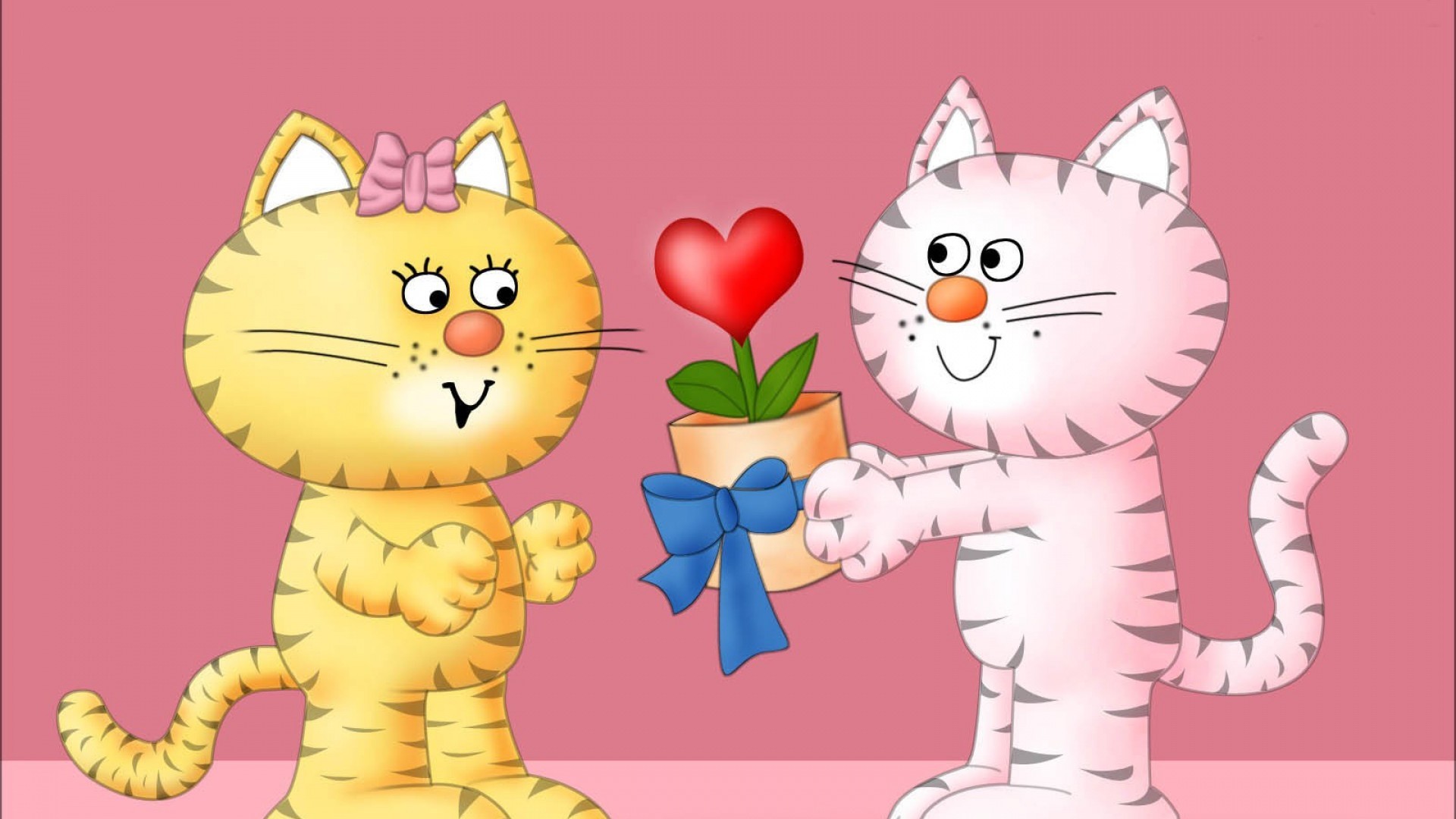 Gatti, Cartone animato, Fiore, Cuore, Regalo, 16:9 Full HD, sfondo widescreen