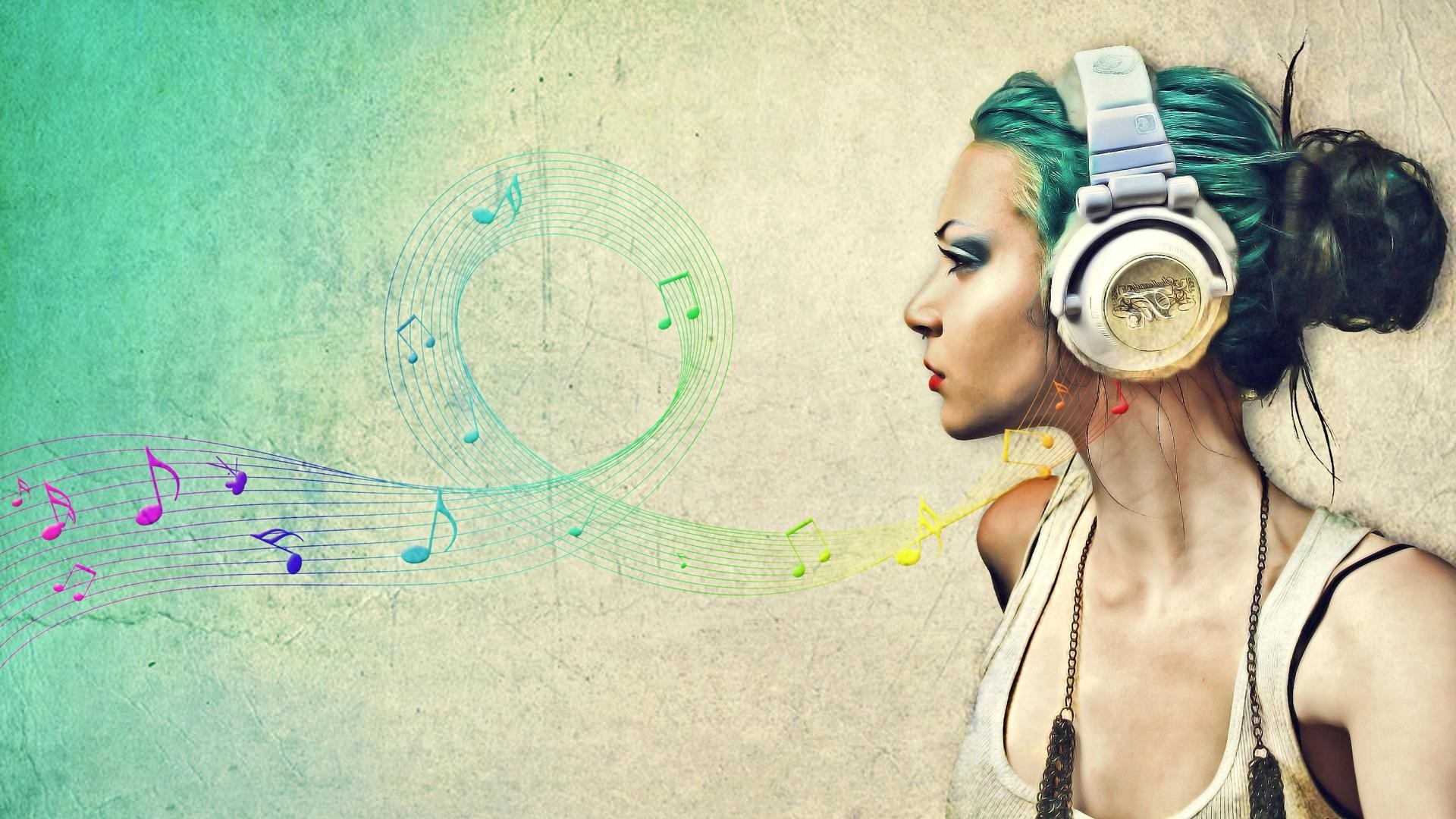 Ragazza, Cuffie, Note musicali, Capelli verdi, Full HD, sfondo per PC