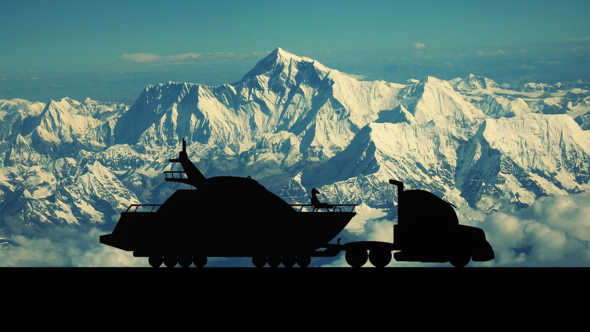 BoJack Horseman, Yacht, Camion, Montagne innevate, Silhouette, 16:9 Full HD, sfondo widescreen
