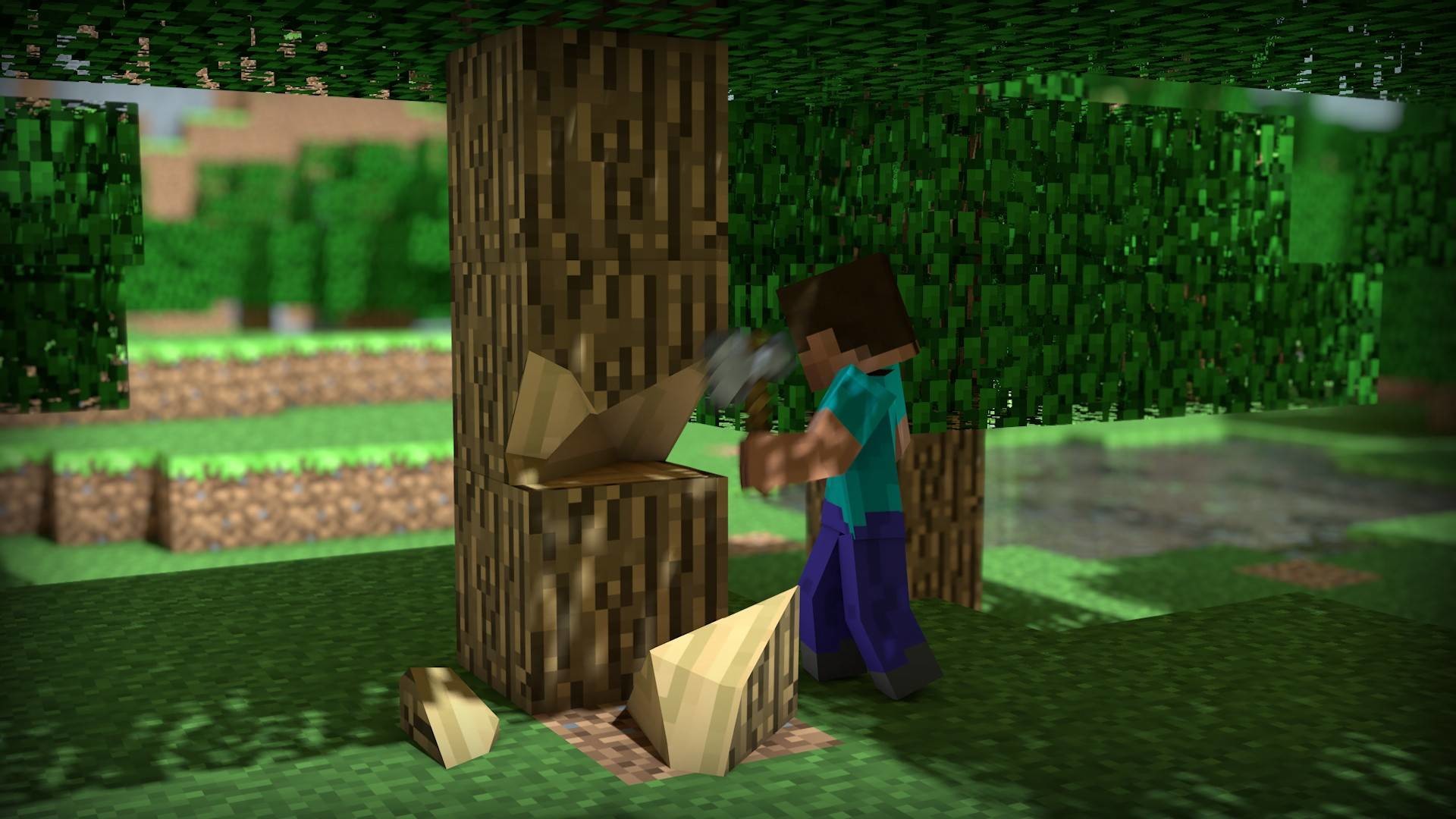 Minecraft, Steve, Albero, Taglio legna, Full HD, sfondo per PC e portatile