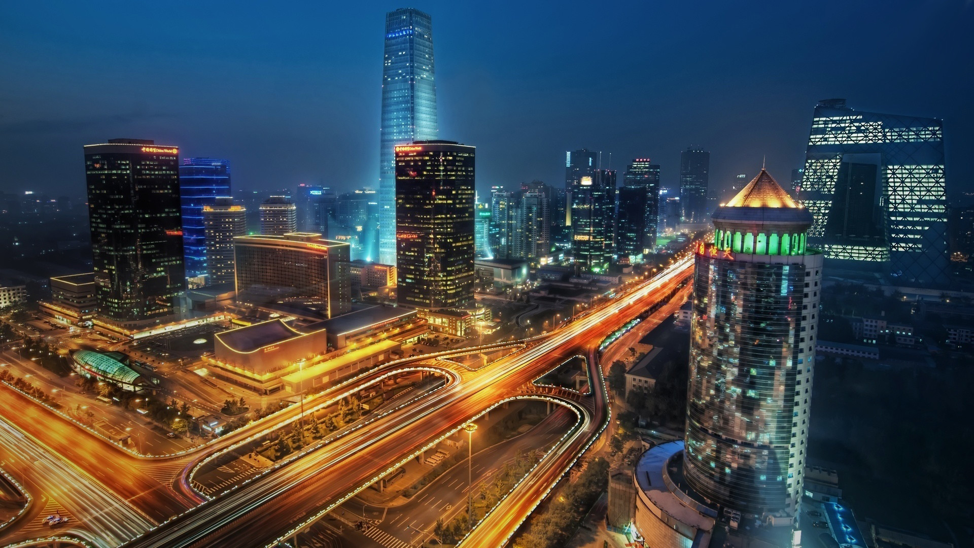 Città notturna, Grattacieli, Strade illuminate, sfondo Full HD per desktop