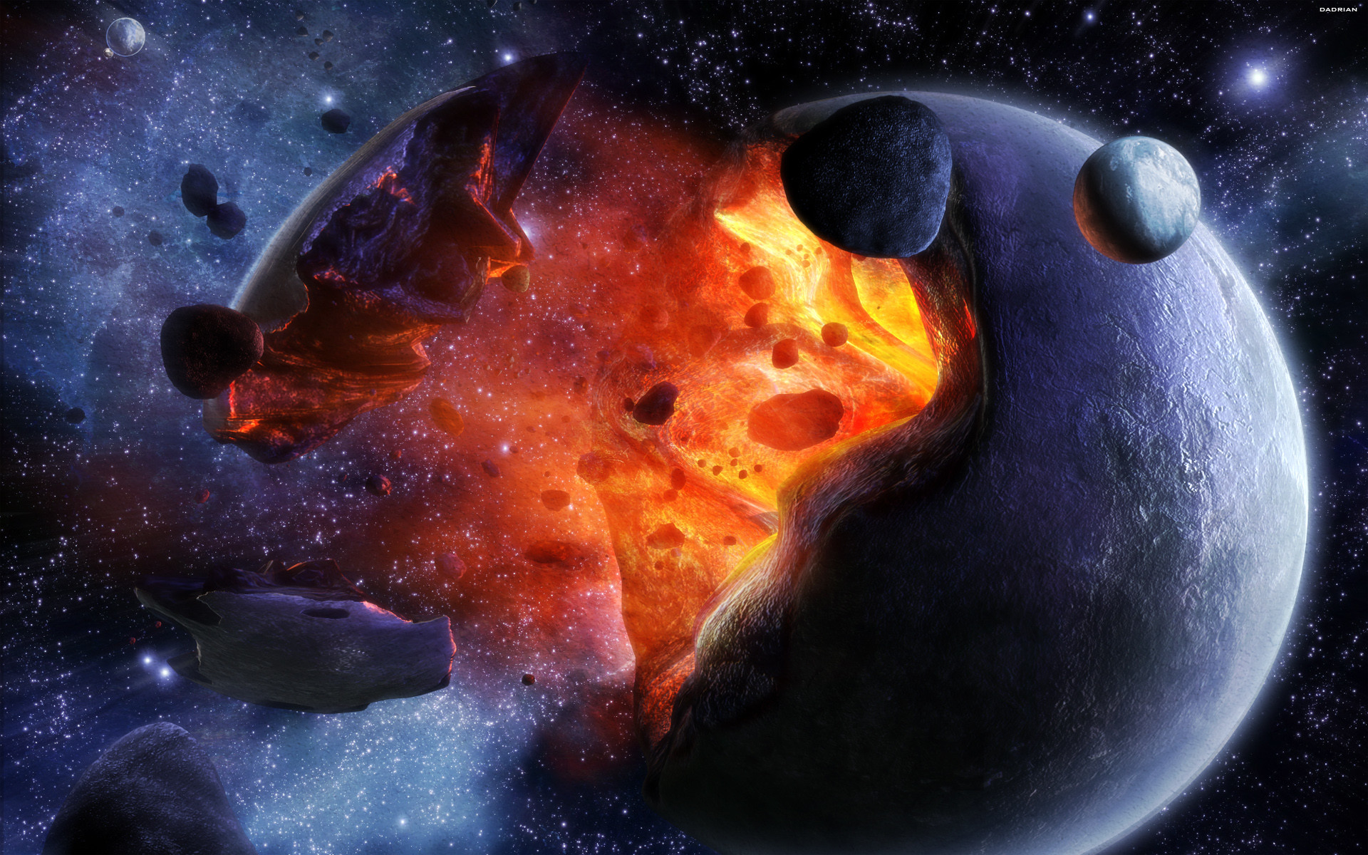 Pianeta in esplosione, Asteroidi, Spazio, Arte digitale, 16:10 Full HD, sfondo widescreen