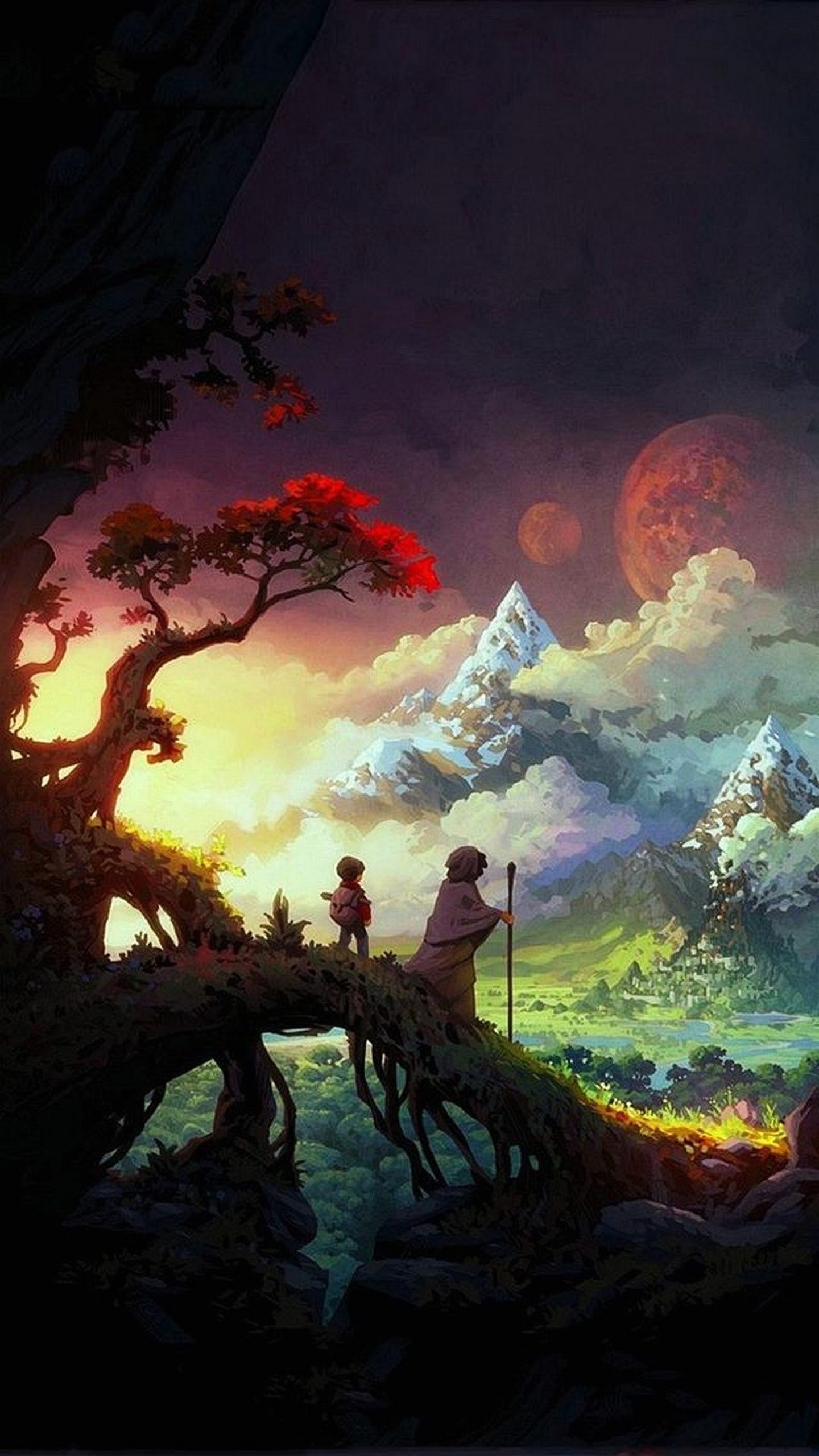 Albero, Fantasy, Montagne, Paesaggio dipinto, sfondo LG G4 QHD+