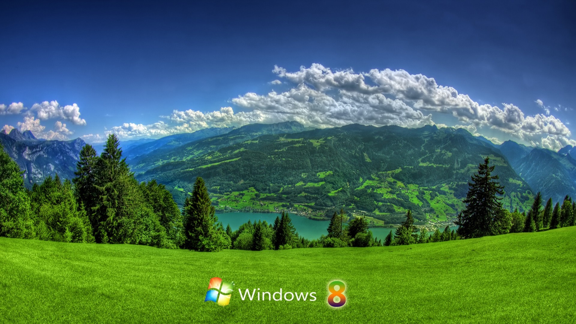 Windows 8, Logo Windows, Lago, Montagne, Prato, 1920x1080, immagine di sfondo