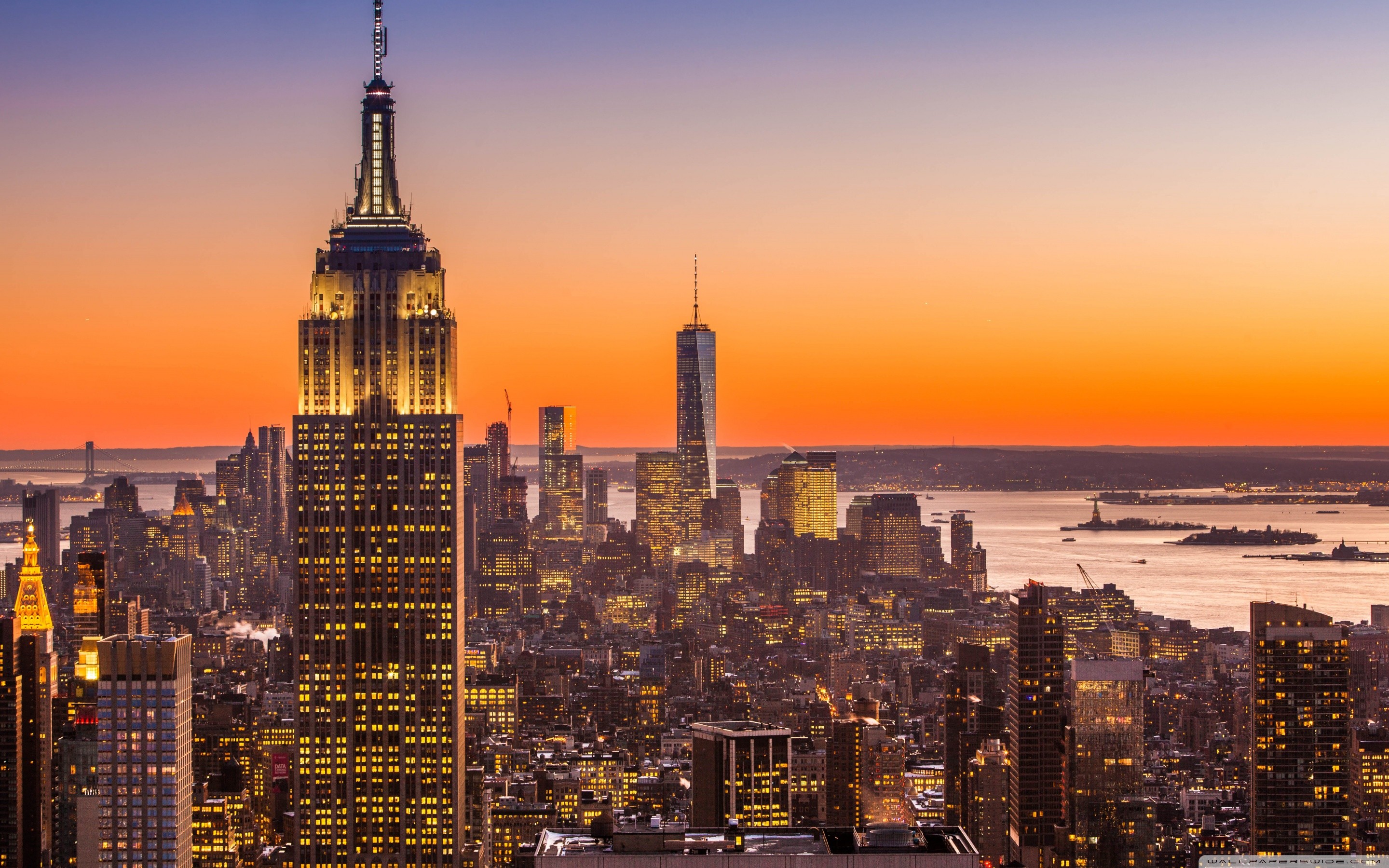 Empire State Building, One World Trade Center, Tramonto, Cielo arancione, wallpaper Windows 11