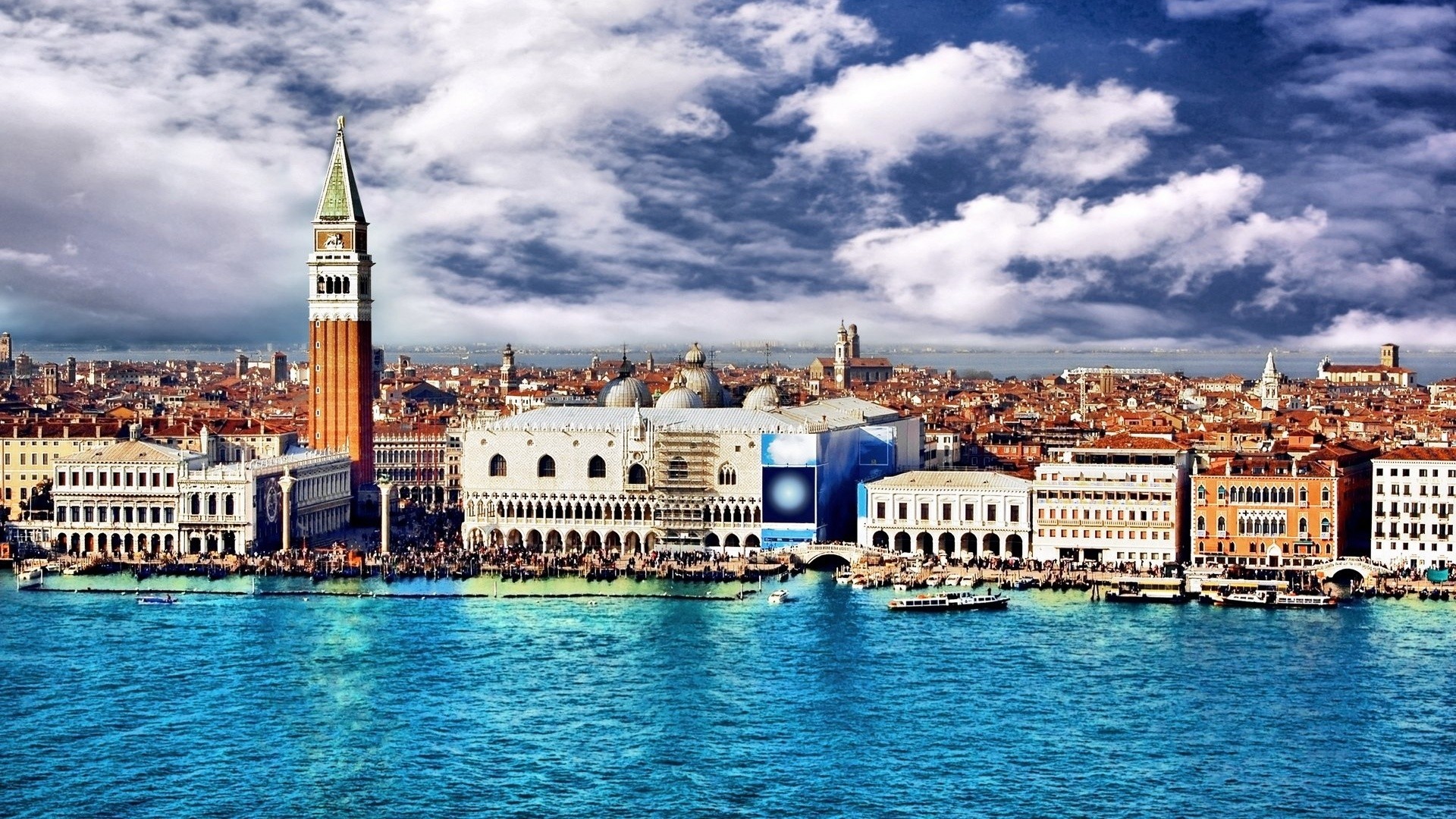 Campanile di San Marco, Palazzo Ducale, Bacino di San Marco, Venezia, Nuvole, wallpaper Full HD