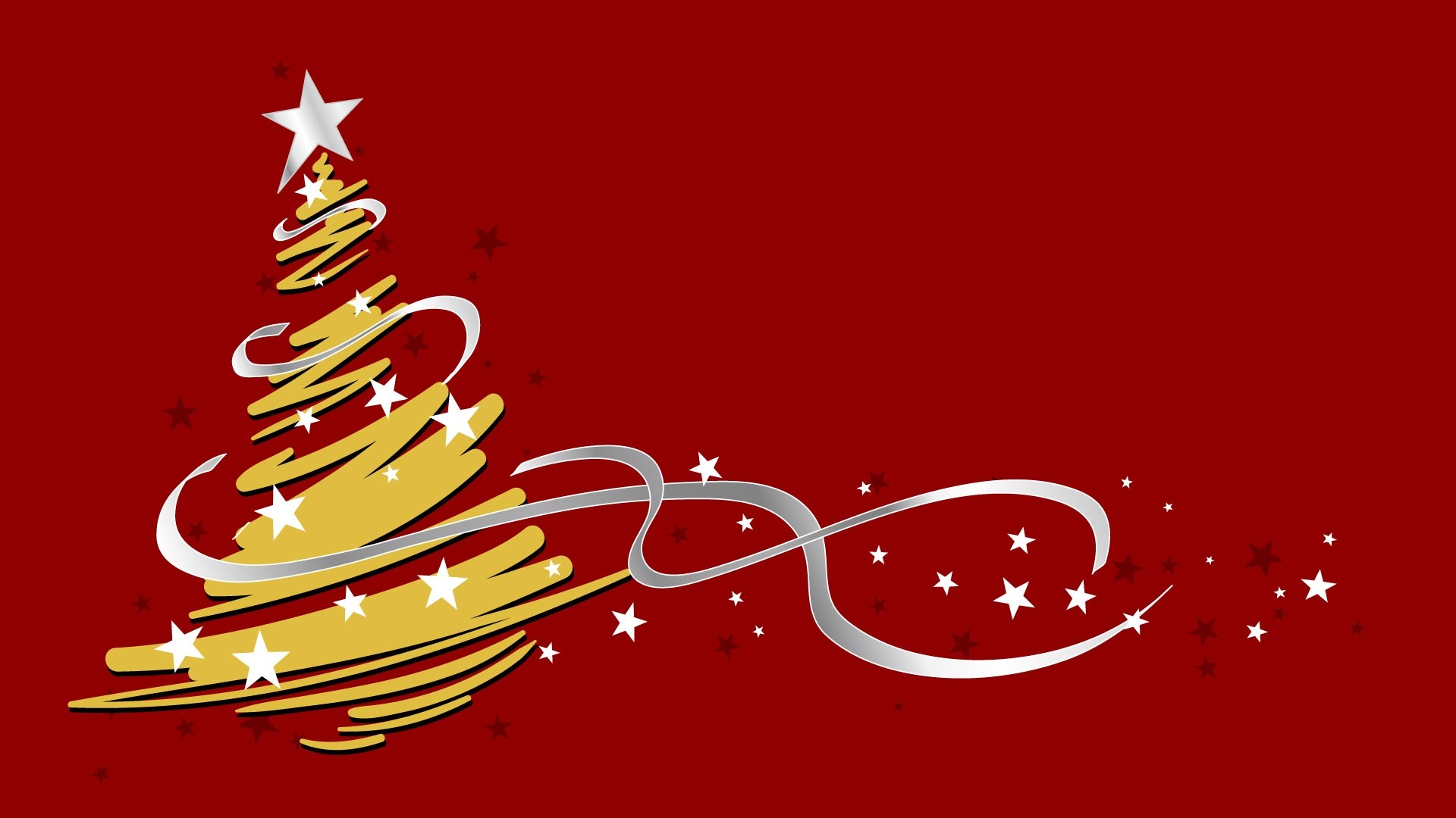 Albero di Natale dorato, Stella, Nastro argento, Sfondo rosso, Full HD, wallpaper per computer