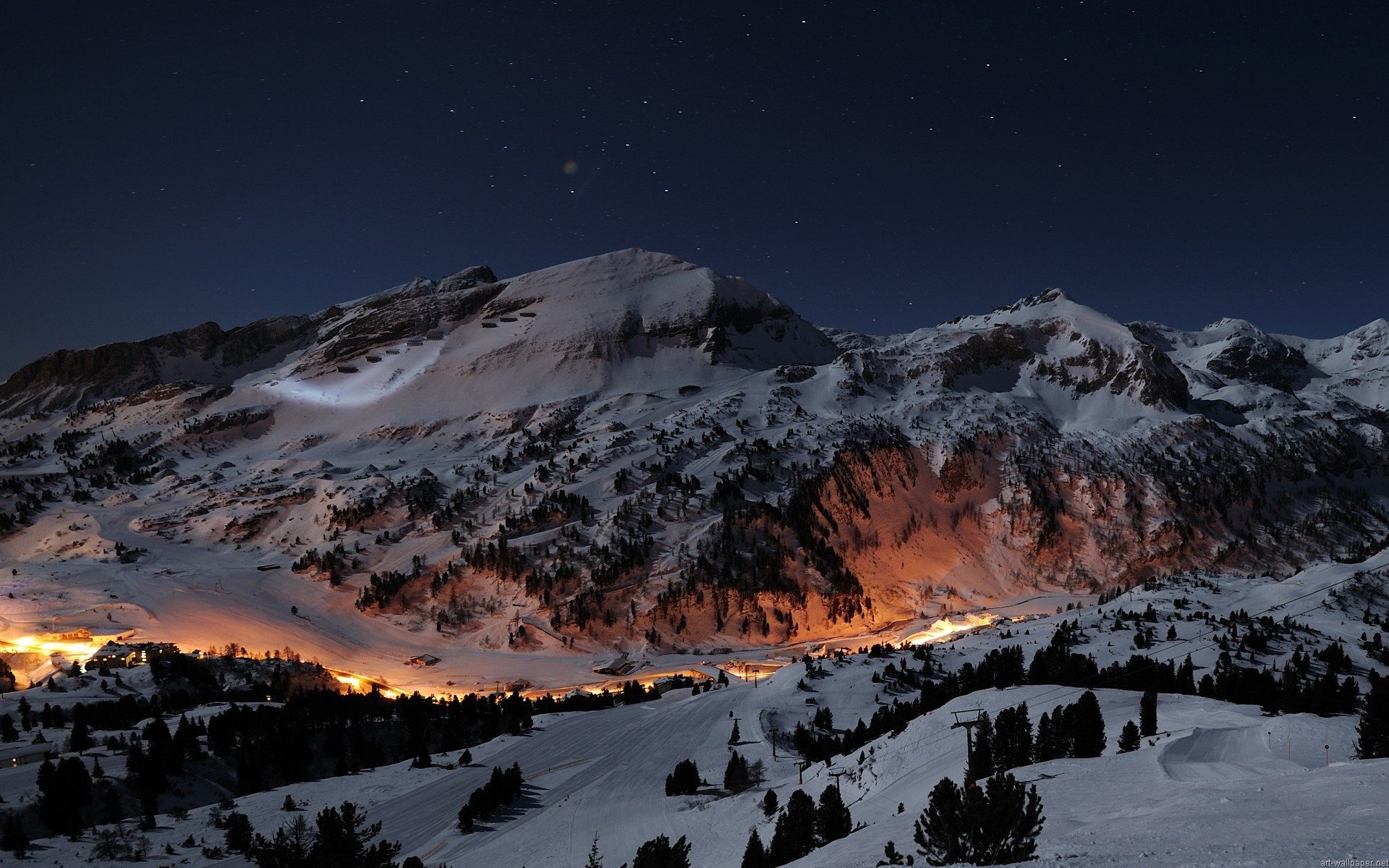 Montagne innevate, Notte, Cielo stellato, Inverno, Luci, 1920x1200, wallpaper desktop