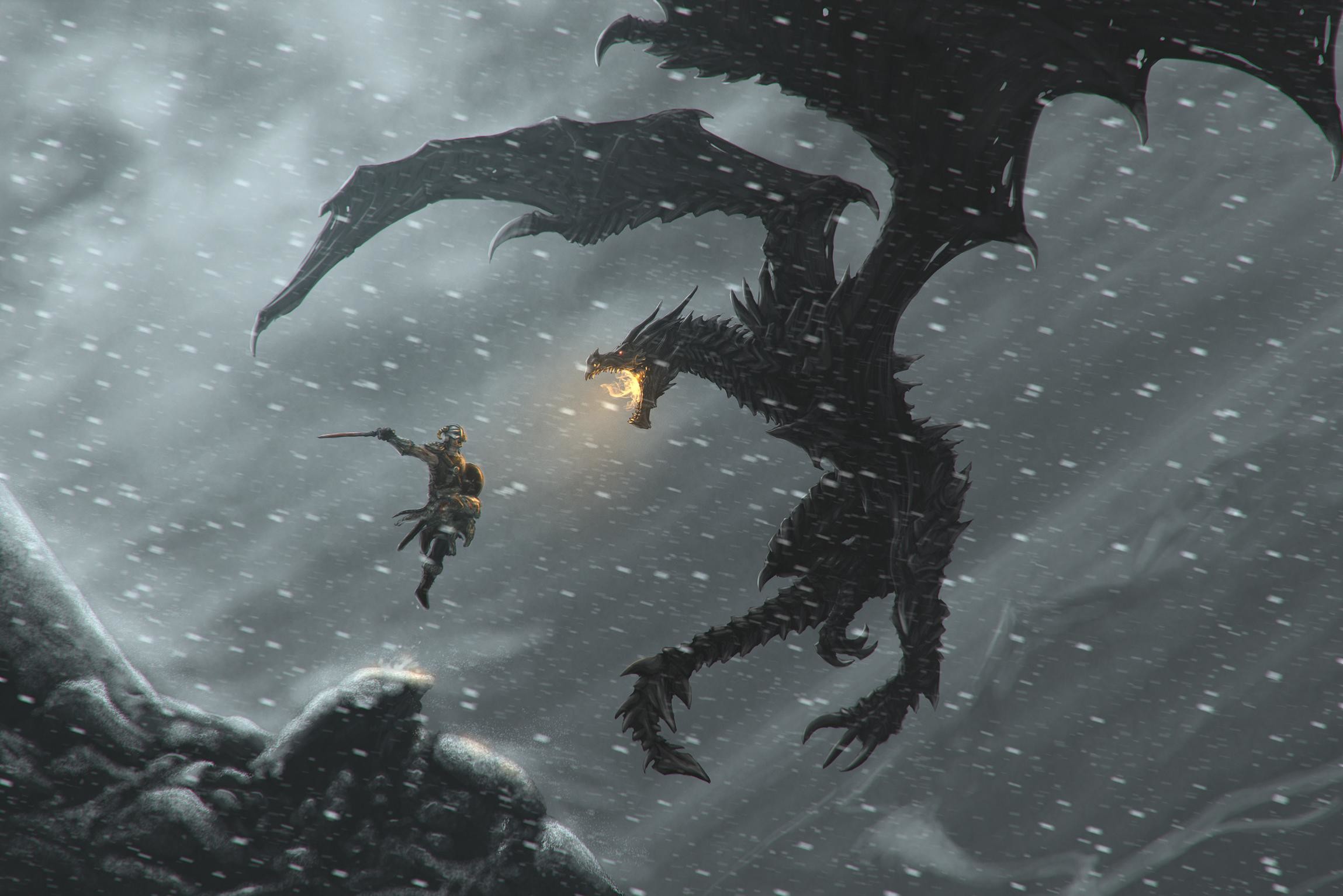 The Elder Scrolls V: Skyrim, Alduin, Drago, Dovahkiin, Bufera di neve, sfondo desktop Full HD