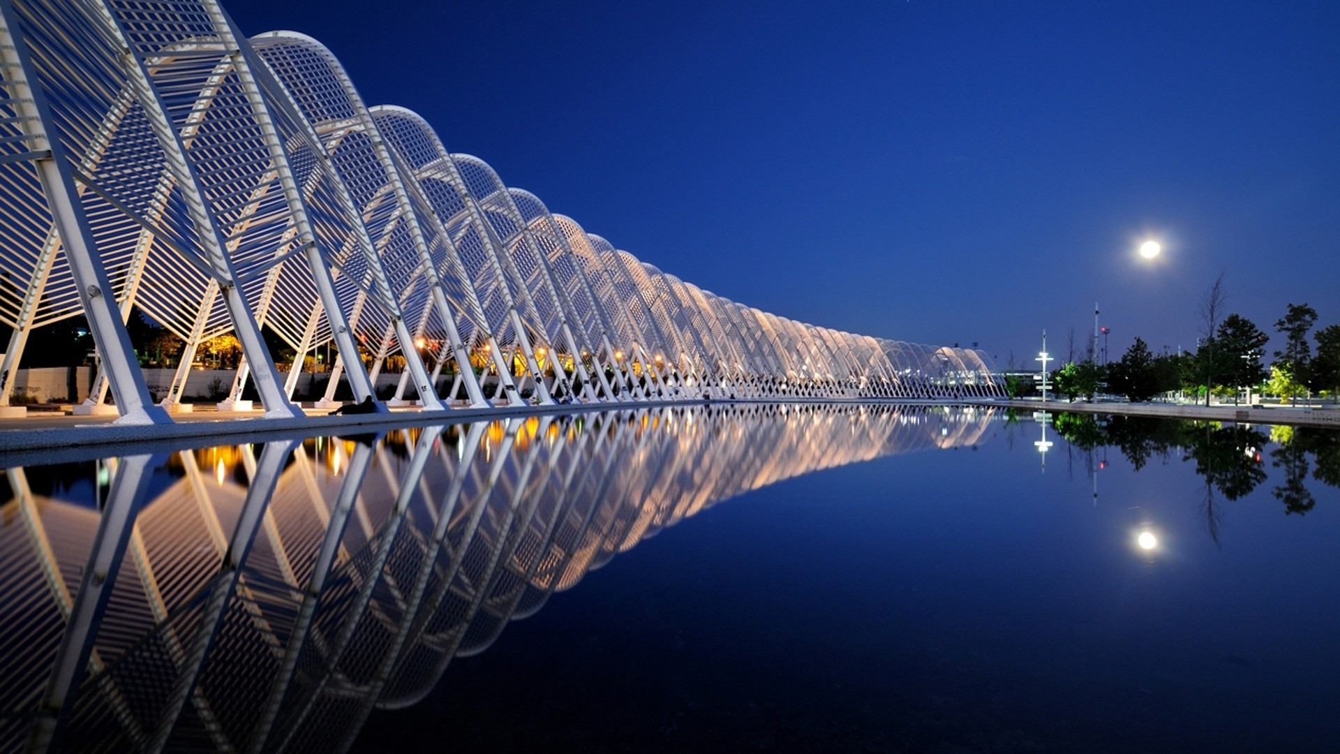 Complesso olimpico di Atene, Santiago Calatrava, Arcate, Notte, Riflesso, sfondo Full HD per computer