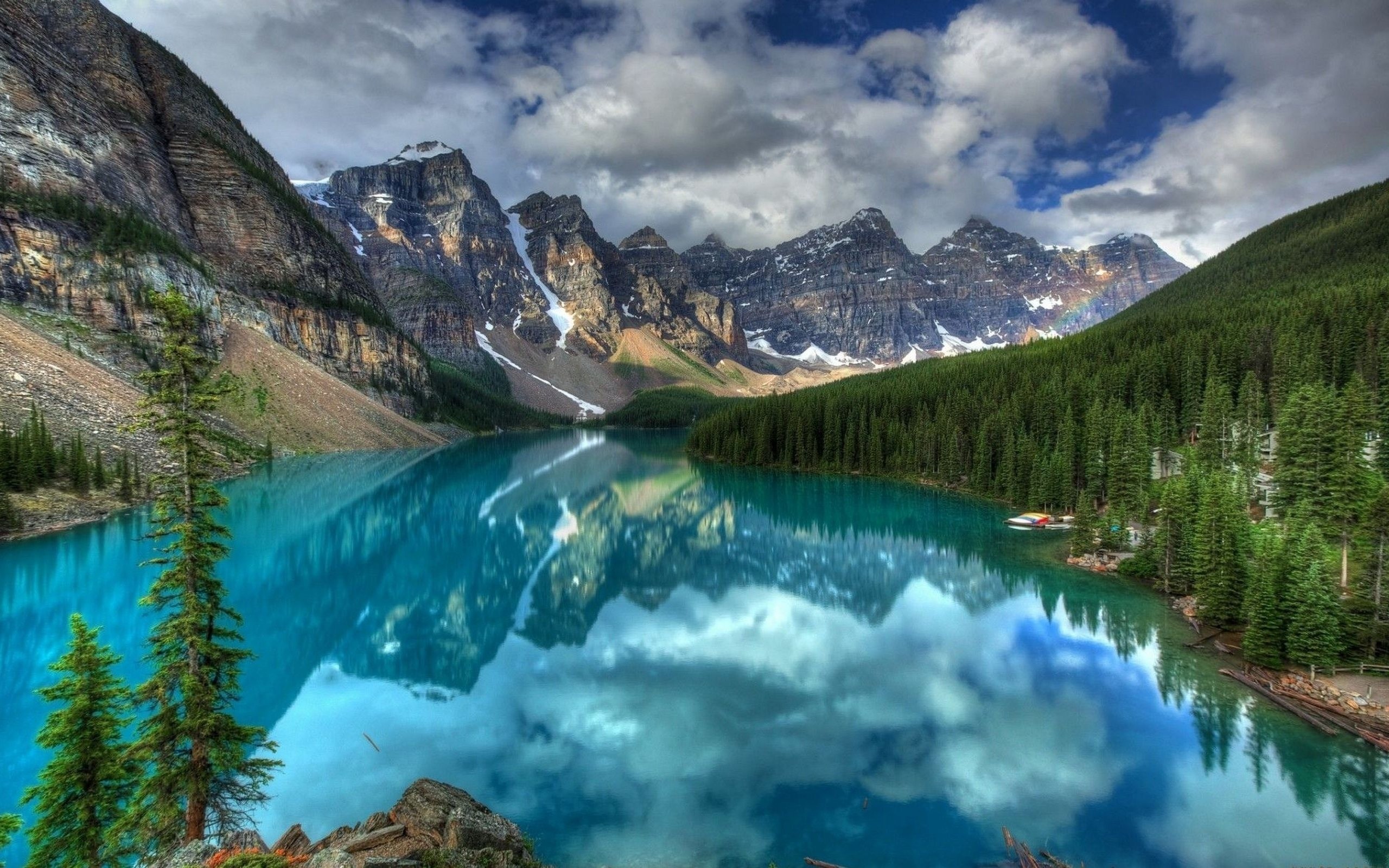 Lago Moraine, Parco nazionale di Banff, Canada, Lago alpino, Riflesso, sfondo 16:10 2K