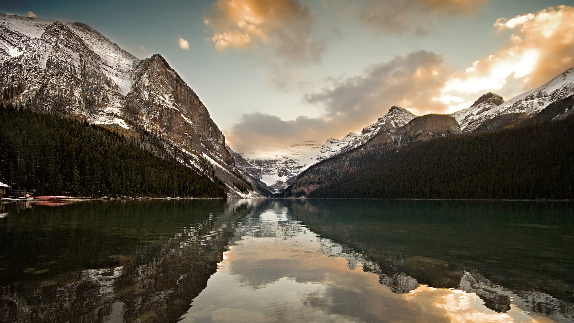 Lago Louise, Canada, Montagne, Riflesso, Tramonto, Full HD, sfondo desktop