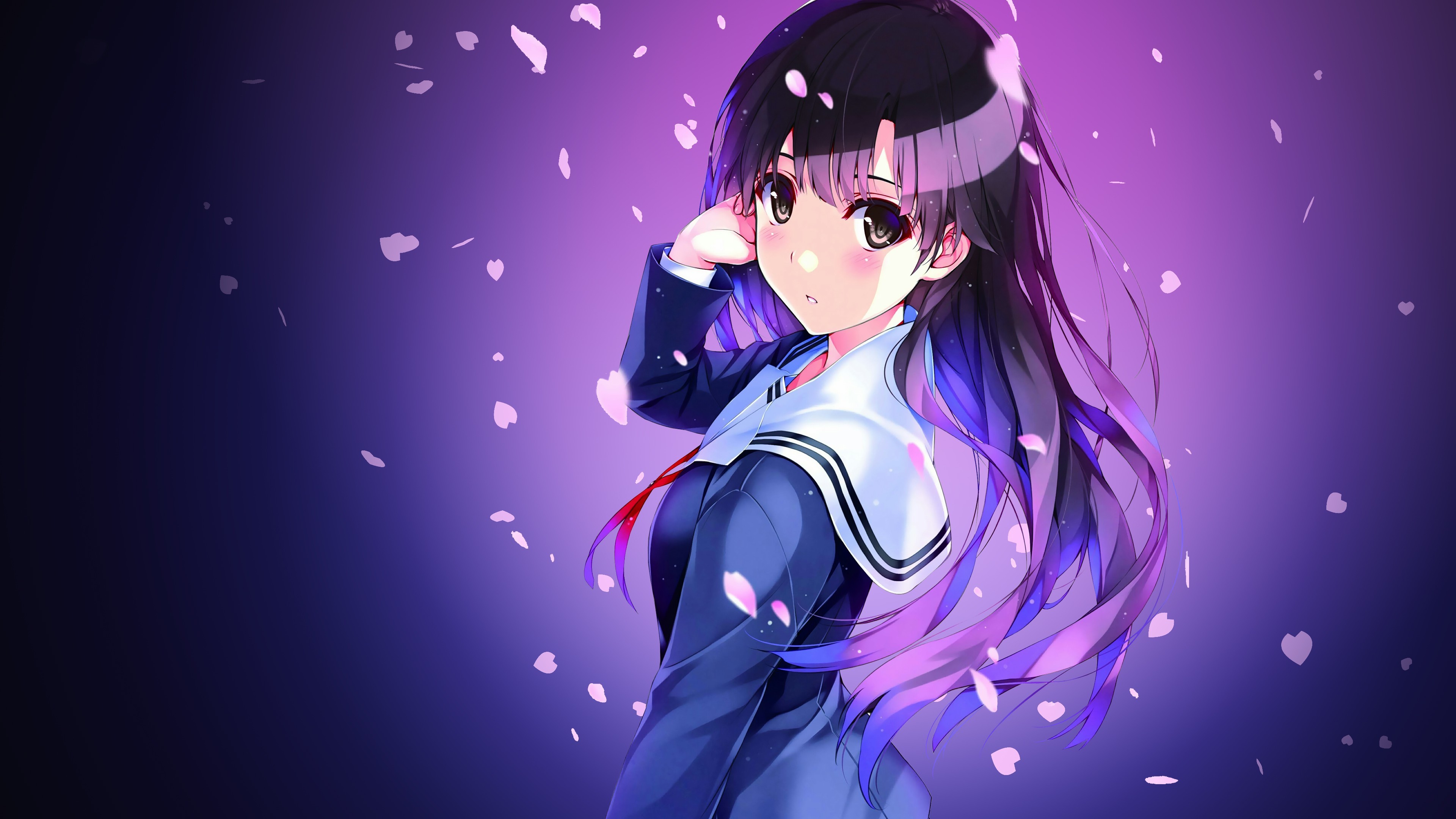 Ragazza anime, Uniforme scolastica, Petali, Sfondo viola, 16:9 4K, wallpaper widescreen