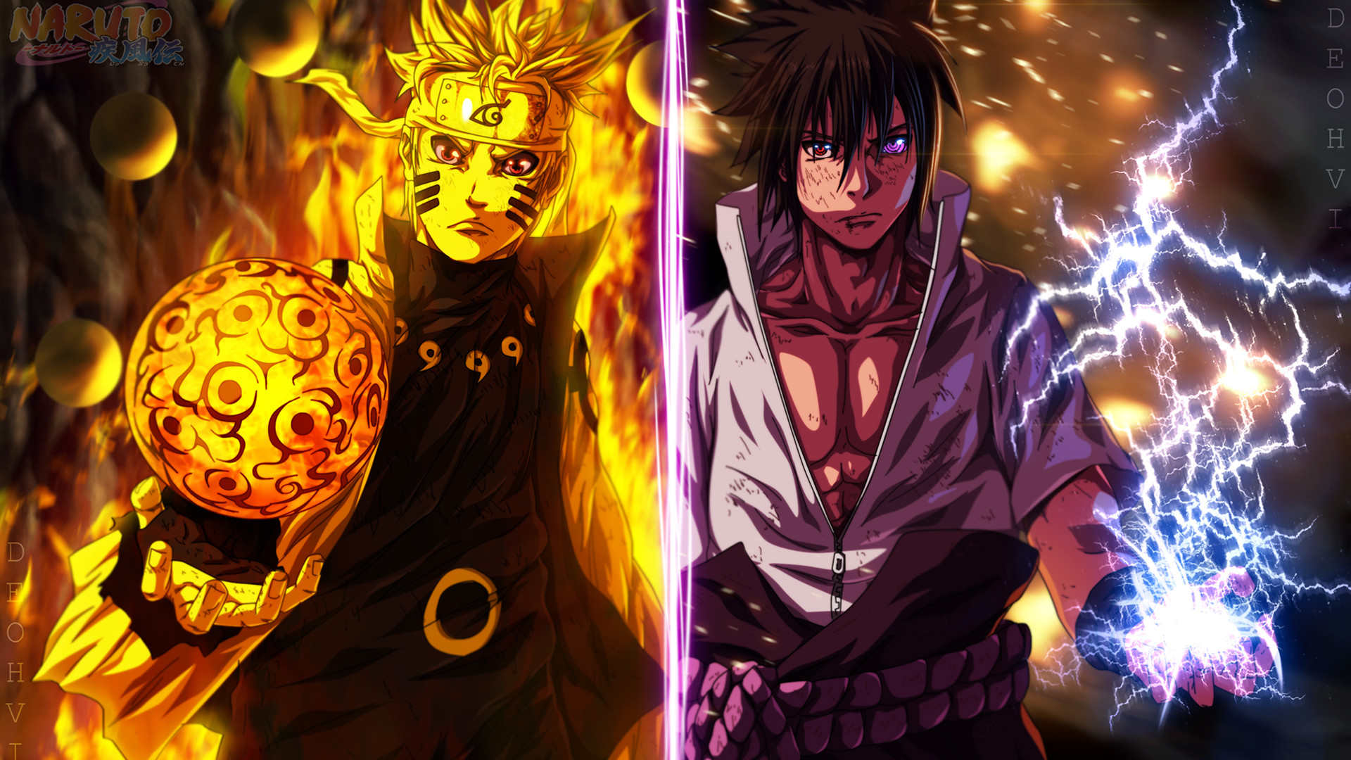 Naruto Uzumaki, Sasuke Uchiha, Naruto Shippuden, Fulmine, Fiamme, sfondo Full HD per PC