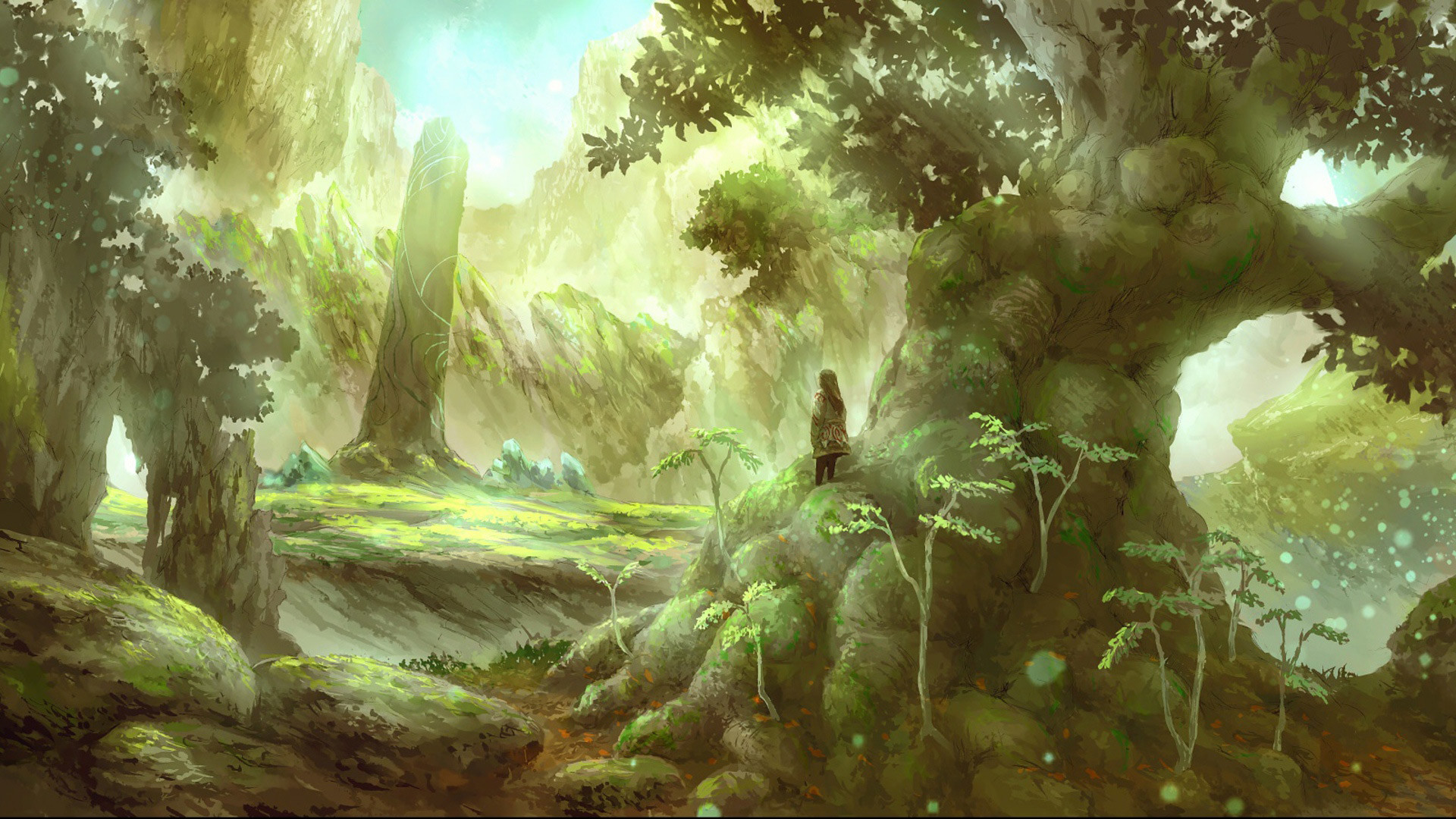 Foresta fantasy, Albero gigante, Pittura digitale, Verde, Full HD 1080p, sfondo desktop