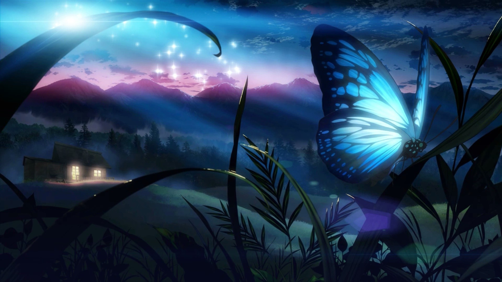 Paesaggio anime, Farfalla blu, Notte, Montagne, Full HD, sfondo per portatile