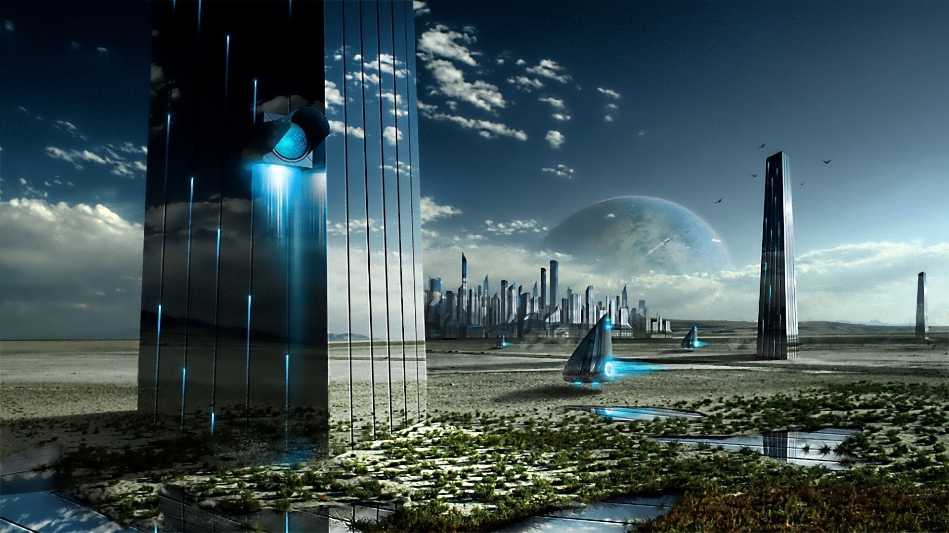 Città futuristica, Monoliti, Pianeta, Fantascienza, Full HD, sfondo Windows 11