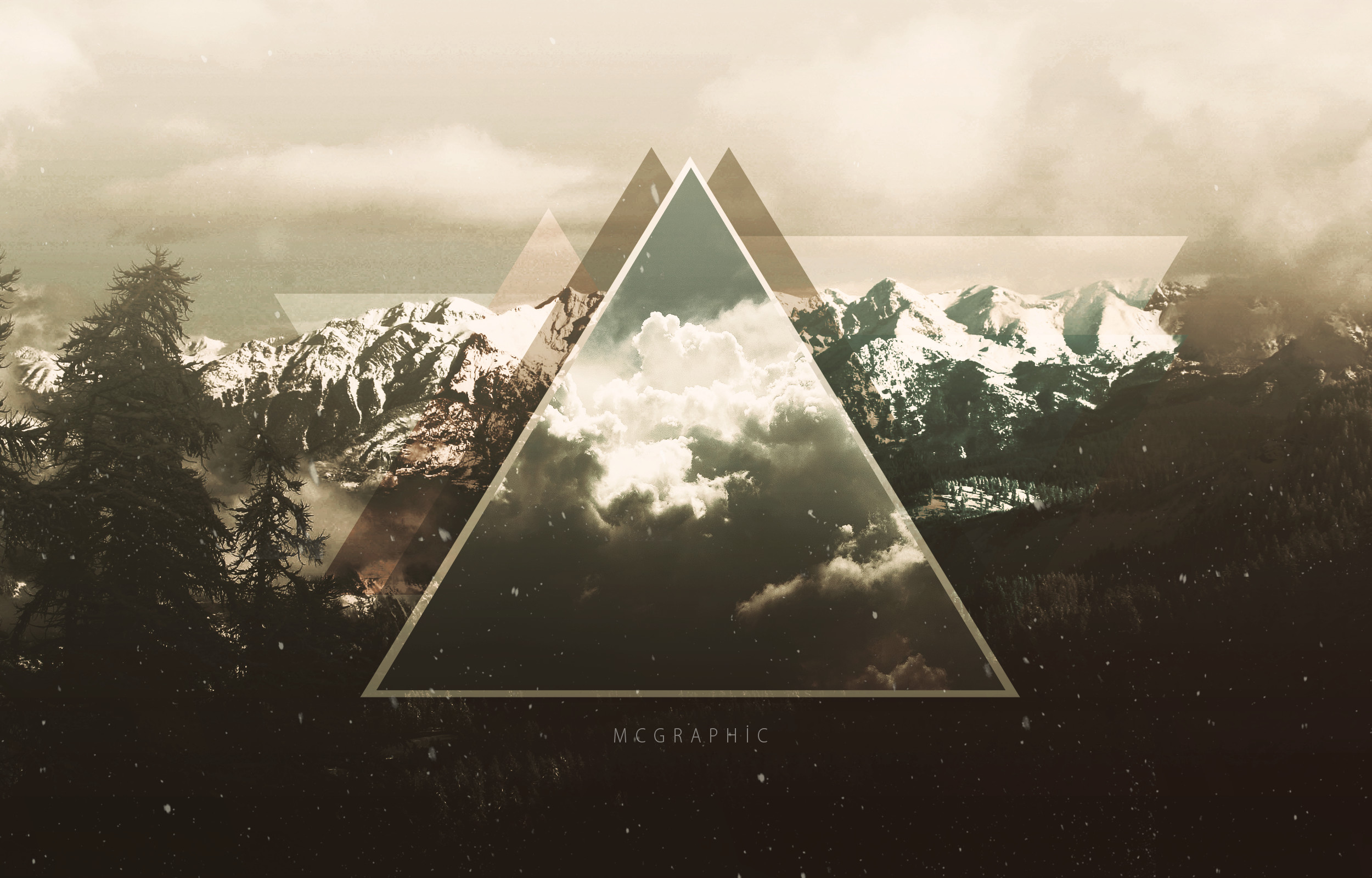 Triangolo, Montagne innevate, Nuvole, Seppia, Full HD, sfondo Windows 11