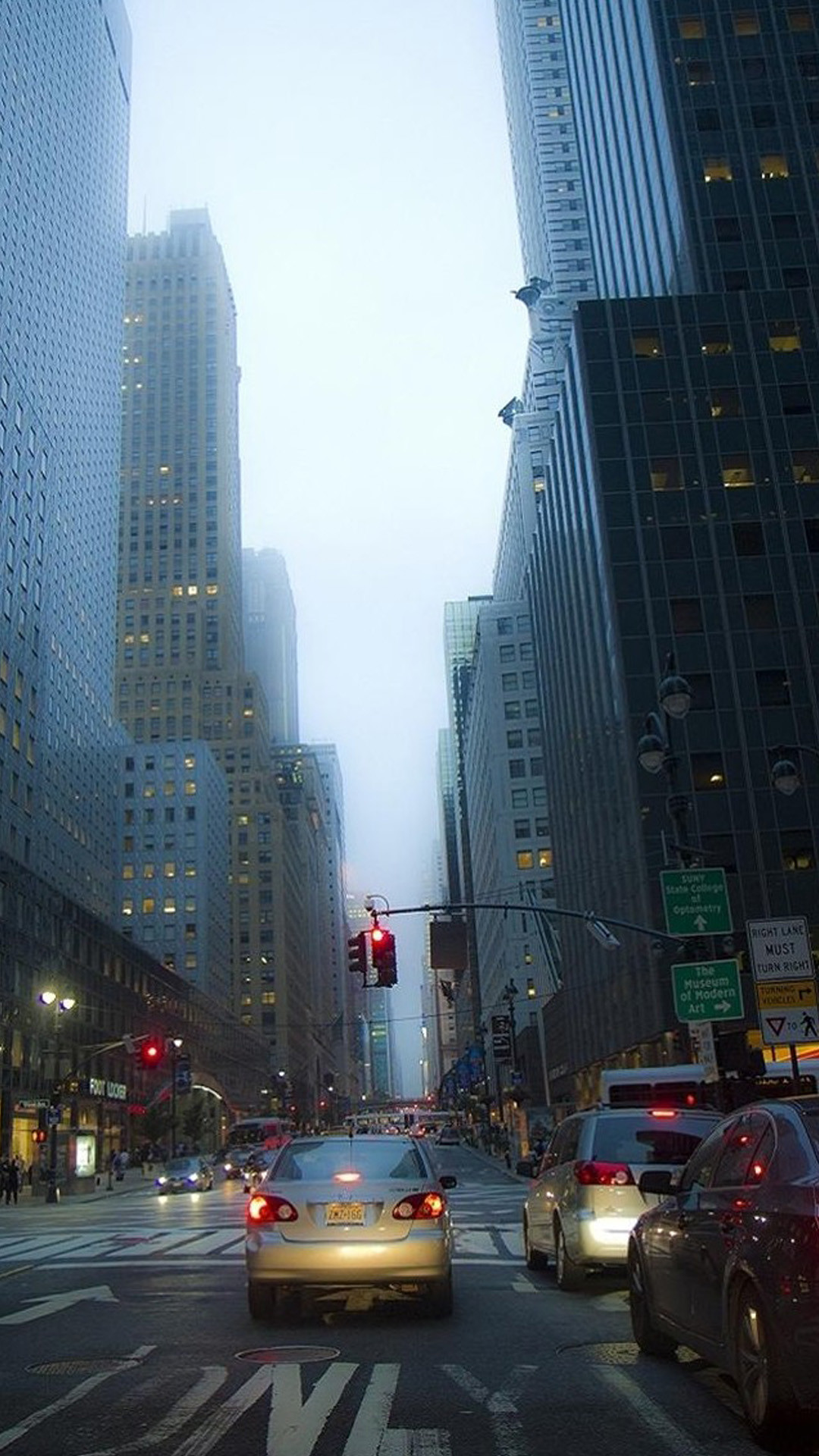New York, Strada, Taxi giallo, Grattacieli, Nebbia, Full HD, sfondo verticale per cellulare