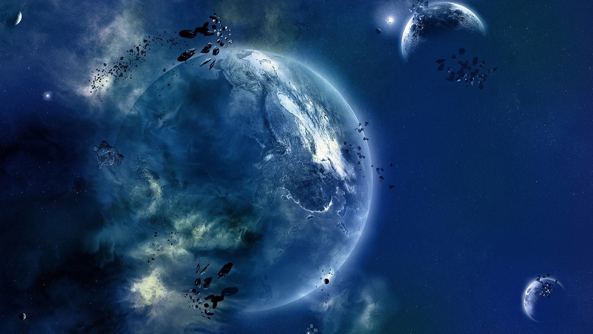 Pianeta, Asteroidi, Lune, Spazio, Blu, Full HD, sfondo per portatile