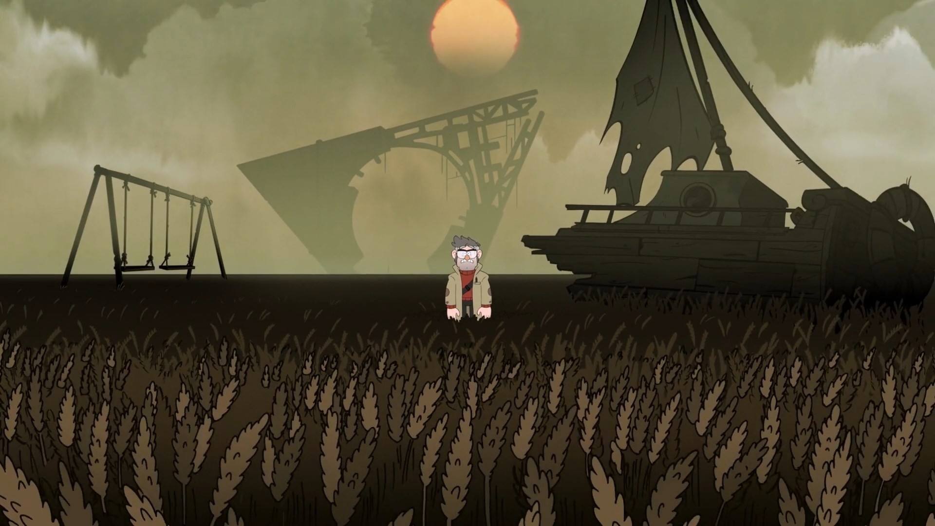 Gravity Falls, Campo, Altalena, Atmosfera cupa, Seppia, Full HD, sfondo per PC e portatile